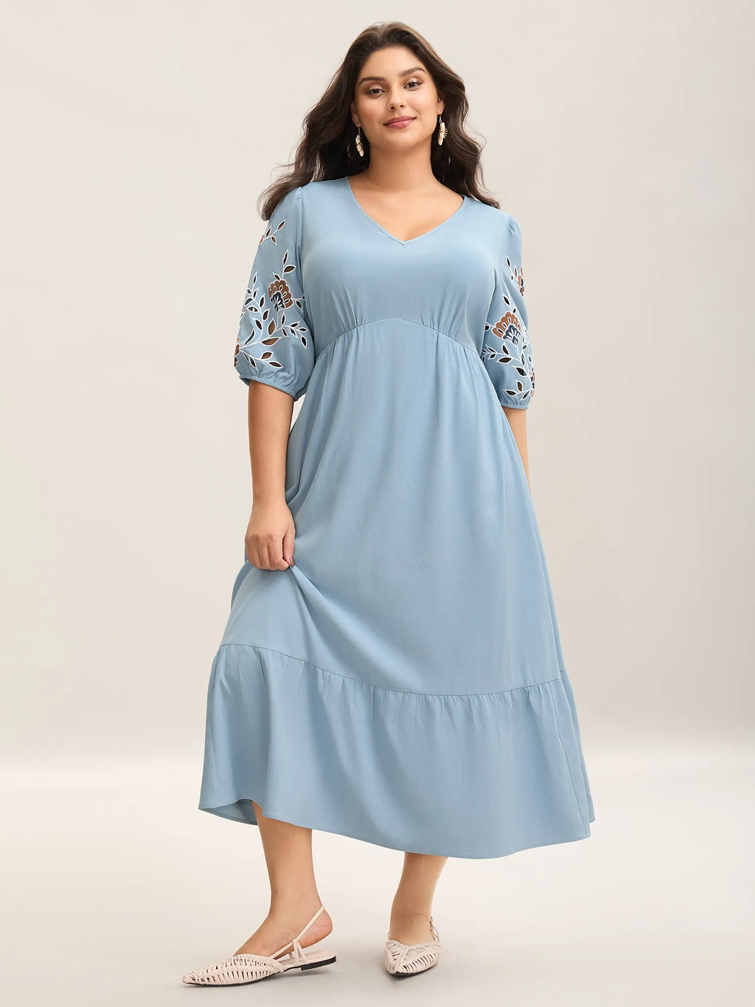 Cut-Out Embroidery Stretchy Waist Midi Dress sold by Bloomchic