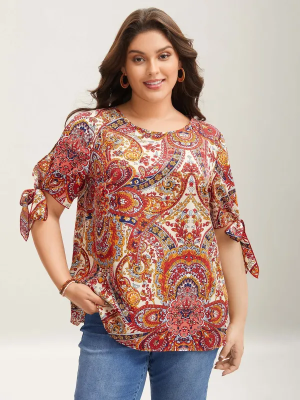 Paisley Print Round Neck Tied Shirt sold by Bloomchic