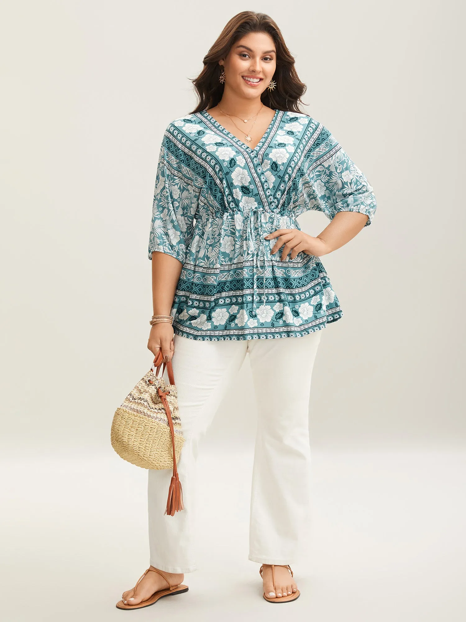 Floral Print Surplice Neck Waist-Cinched Shirt sold by Bloomchic product image thumbnail 3
