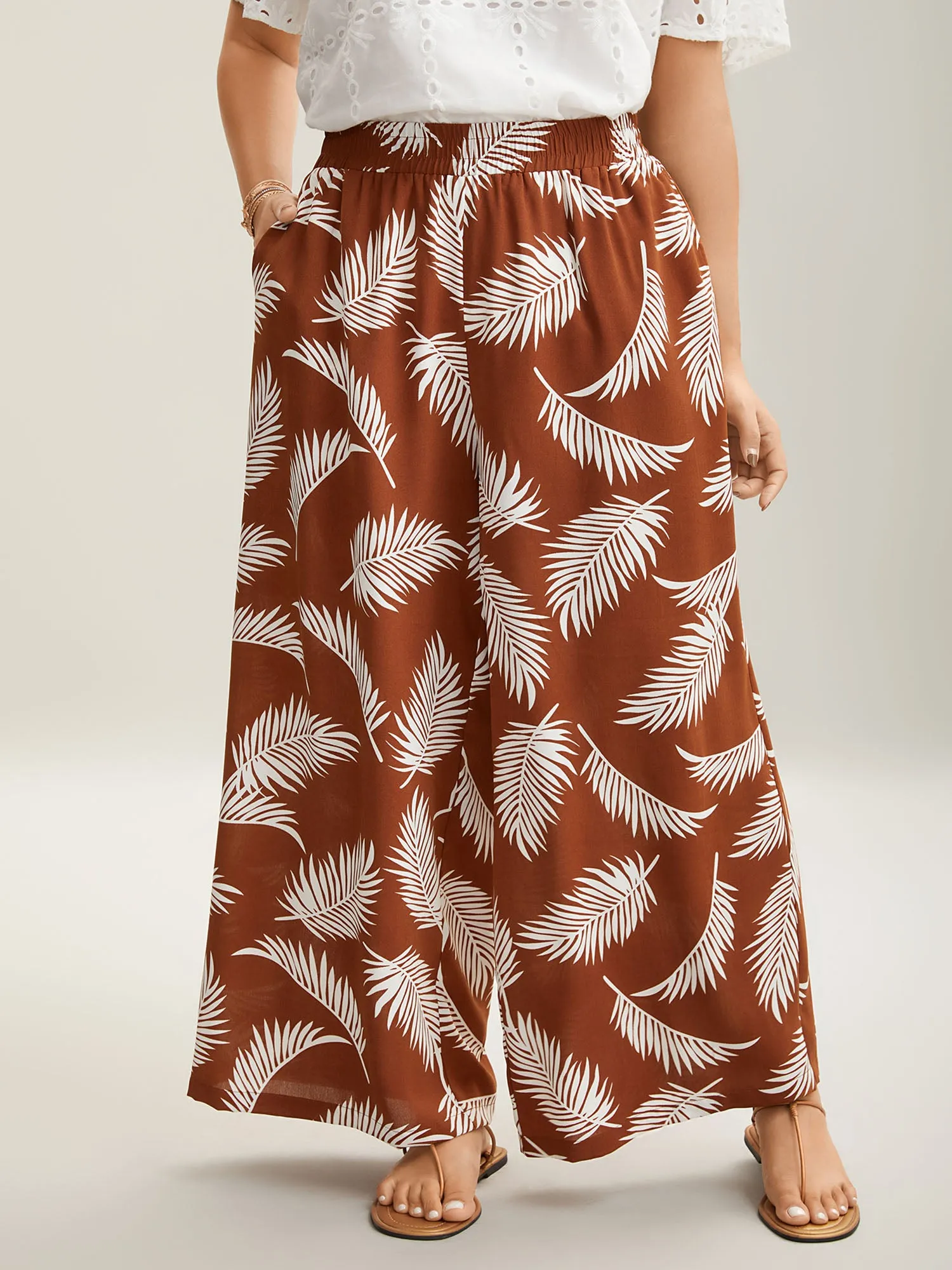 Leafy Print Stretchy Waist Wide-Leg Pants sold by Bloomchic product image thumbnail 3