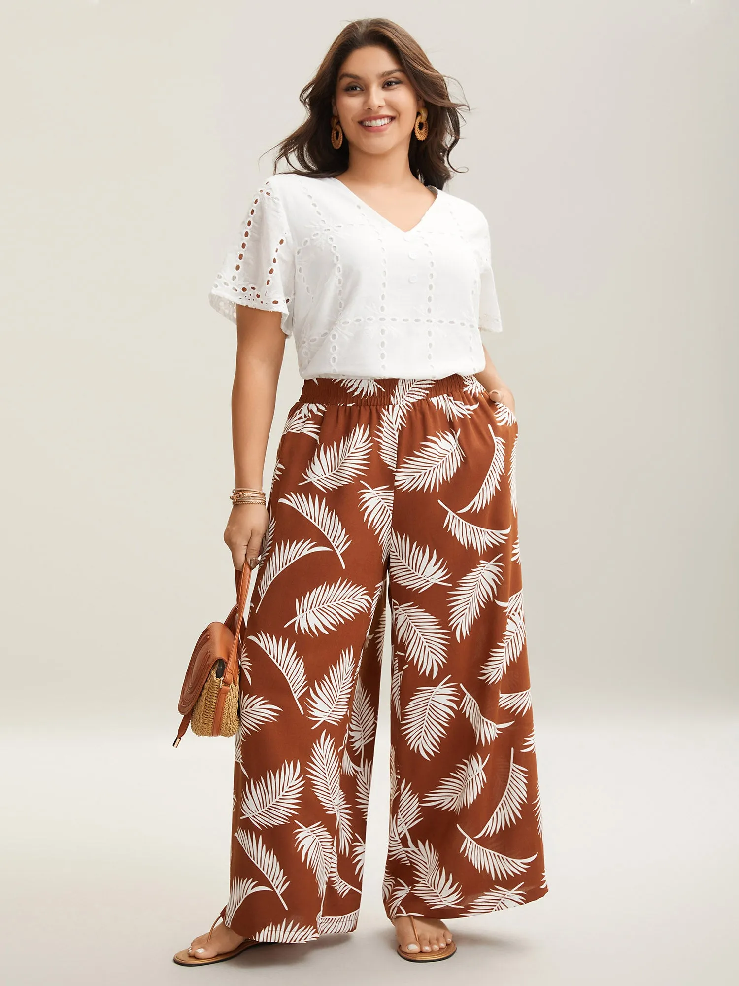 Leafy Print Stretchy Waist Wide-Leg Pants sold by Bloomchic