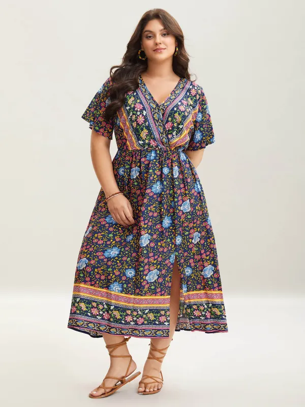 Rayon Floral Print Stretchy Waist Midi Dress sold by Bloomchic