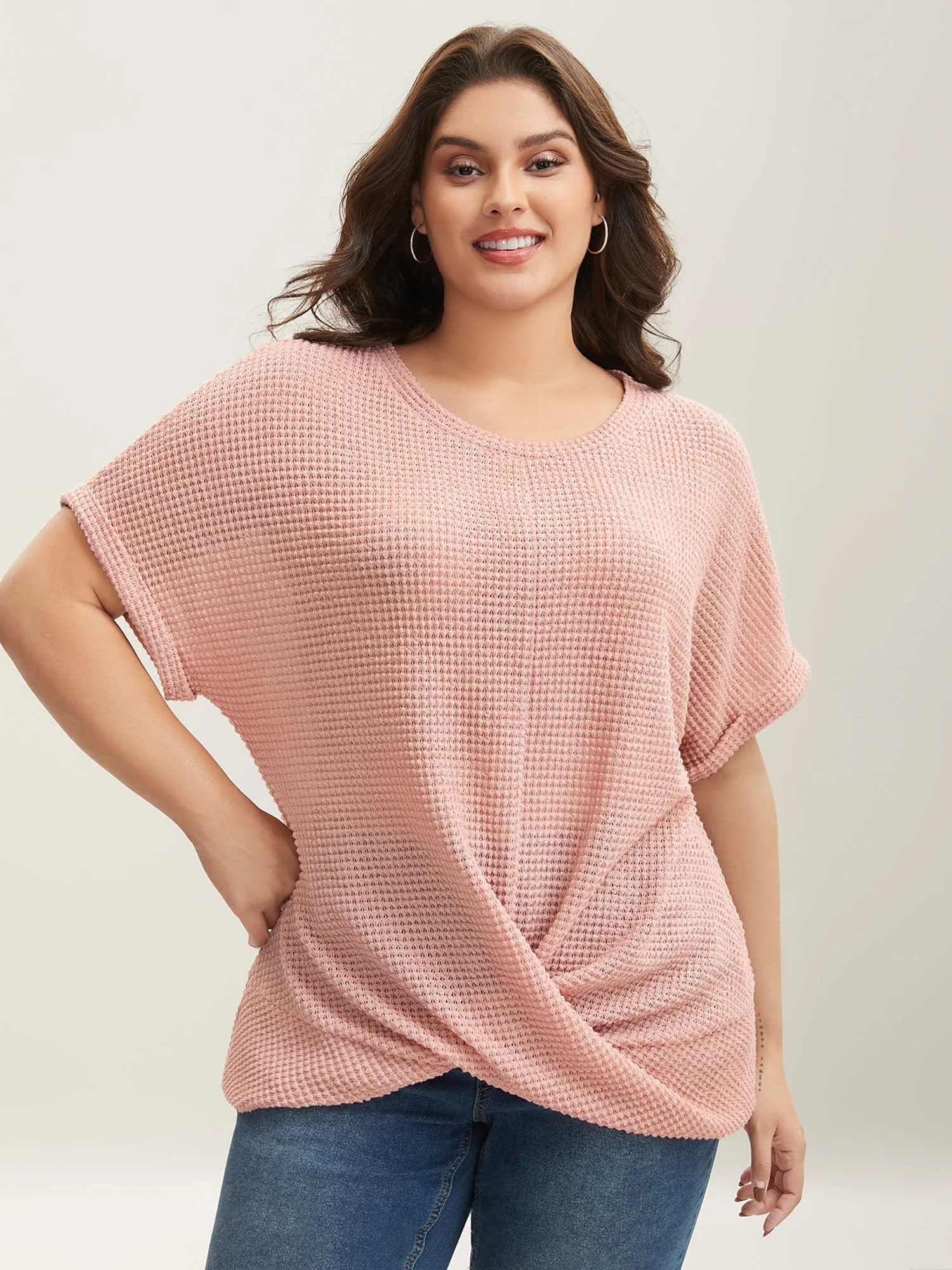 Stretchy Hem Twist Textured Plain T-Shirt sold by Bloomchic