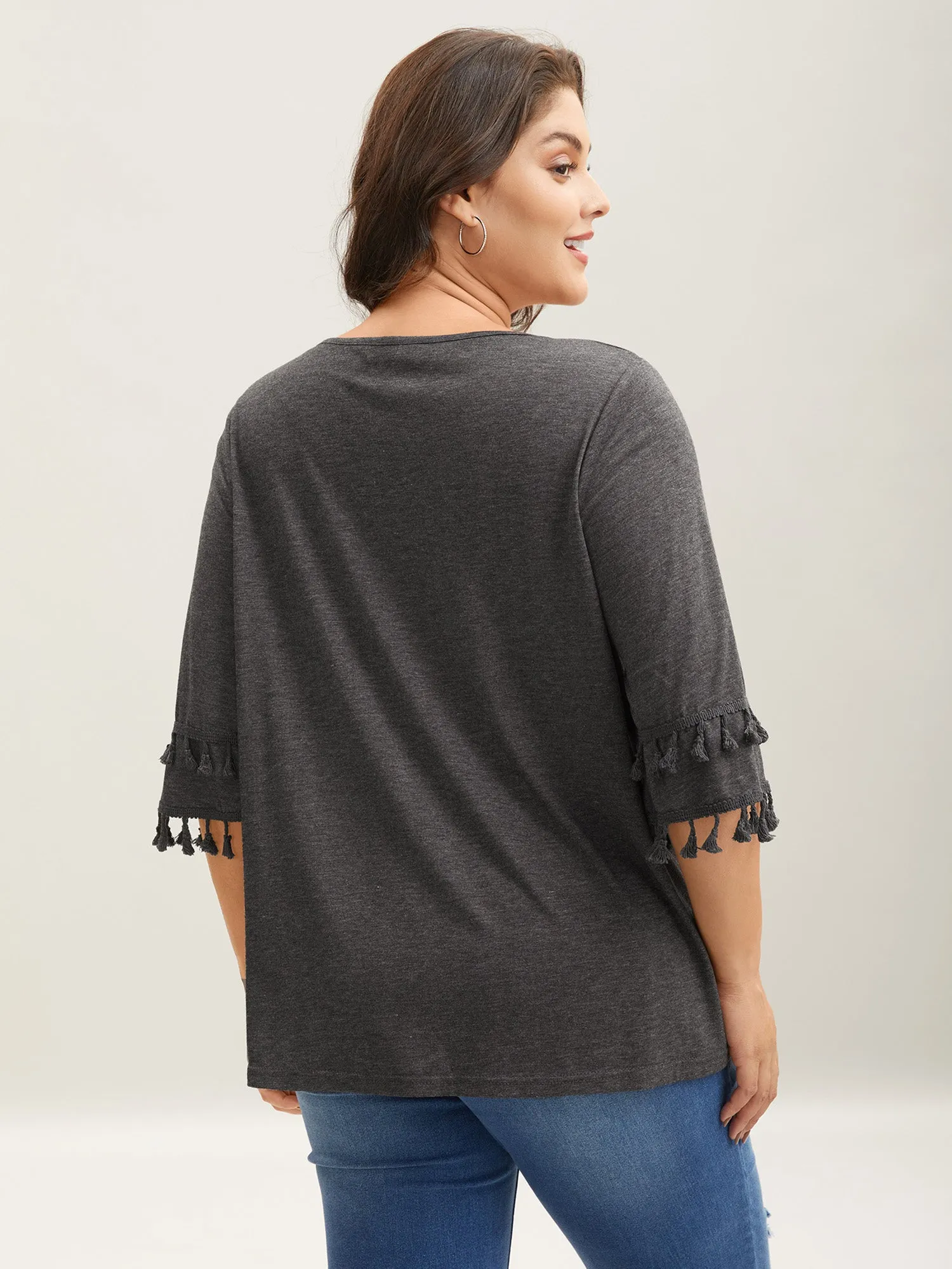 Tassel Sleeve V-Neck Plain T-Shirt sold by Bloomchic product image thumbnail 4