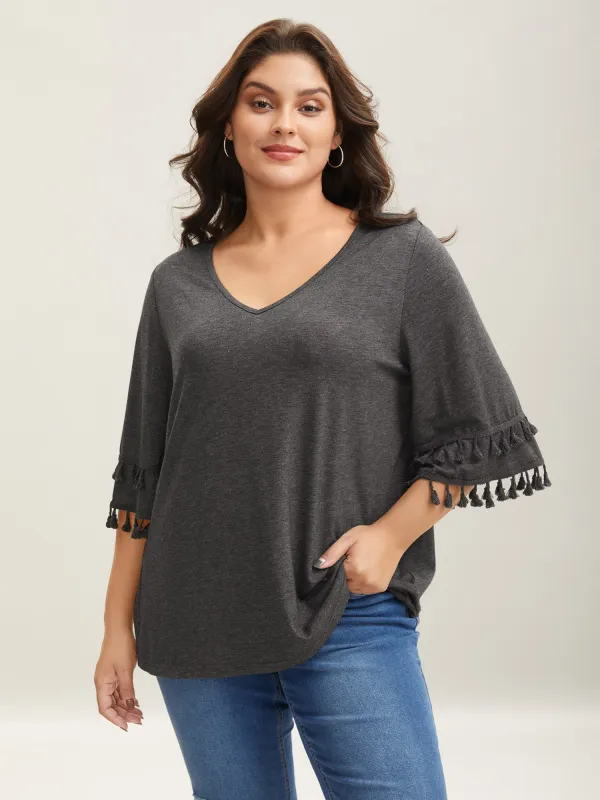 Tassel Sleeve V-Neck Plain T-Shirt sold by Bloomchic