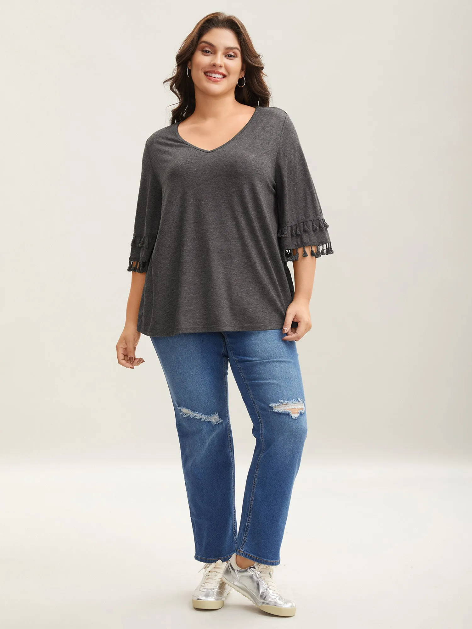 Tassel Sleeve V-Neck Plain T-Shirt sold by Bloomchic product image thumbnail 3