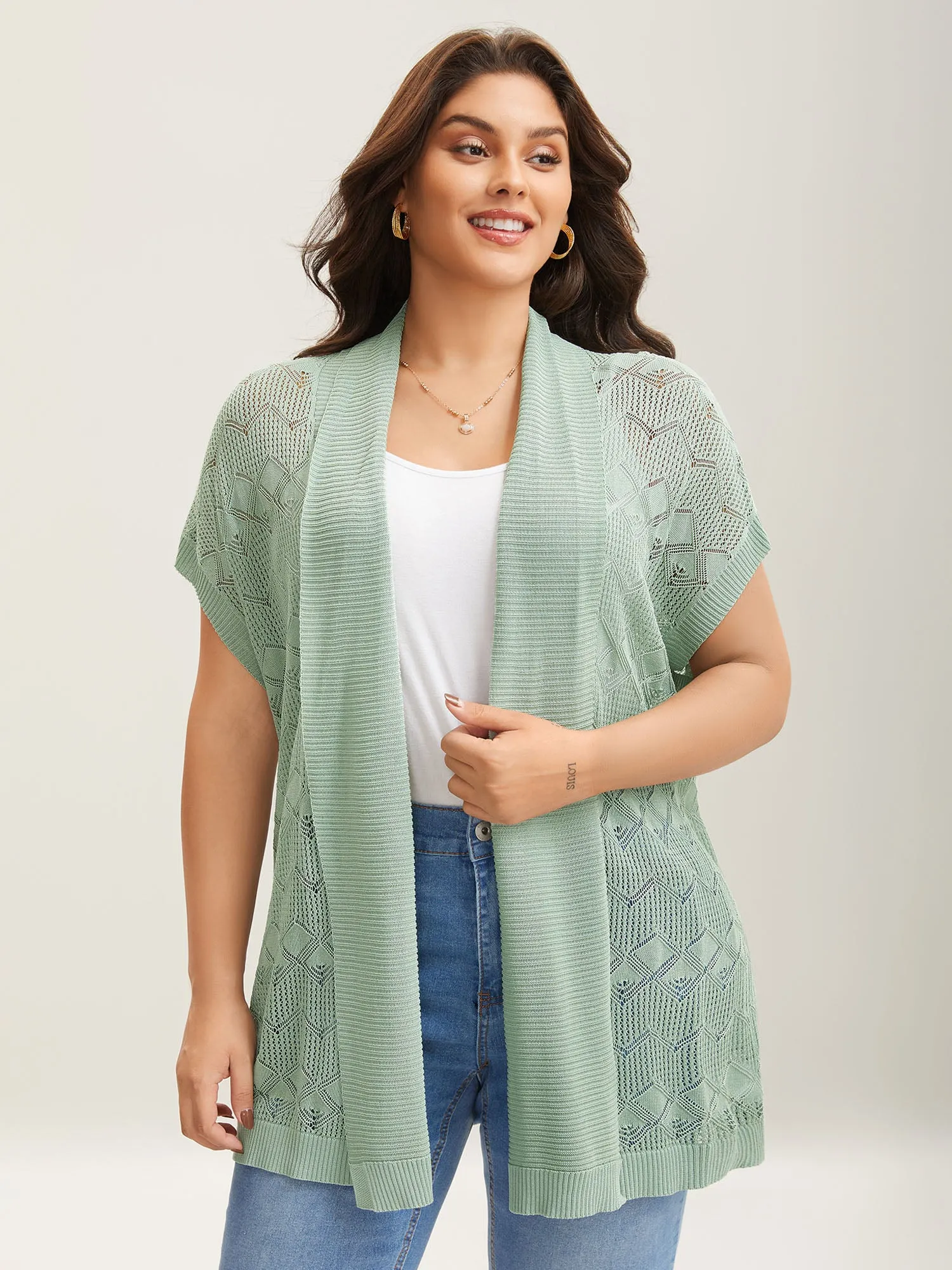 Eyelet Trim Folded Collar Knit Cardigan sold by Bloomchic