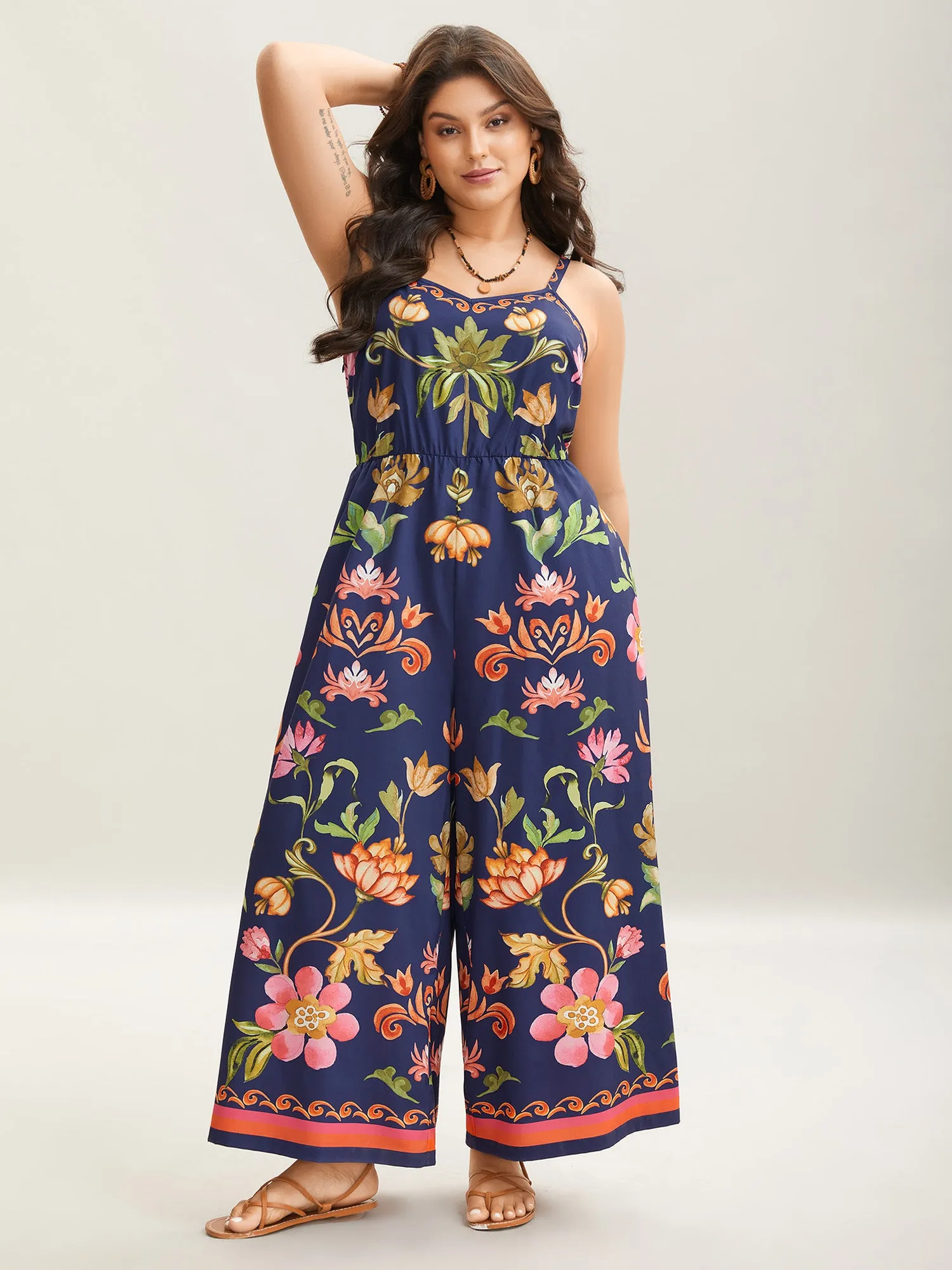 Tropical Flowers Print Pockets Cami Jumpsuit sold by Bloomchic product image thumbnail 3