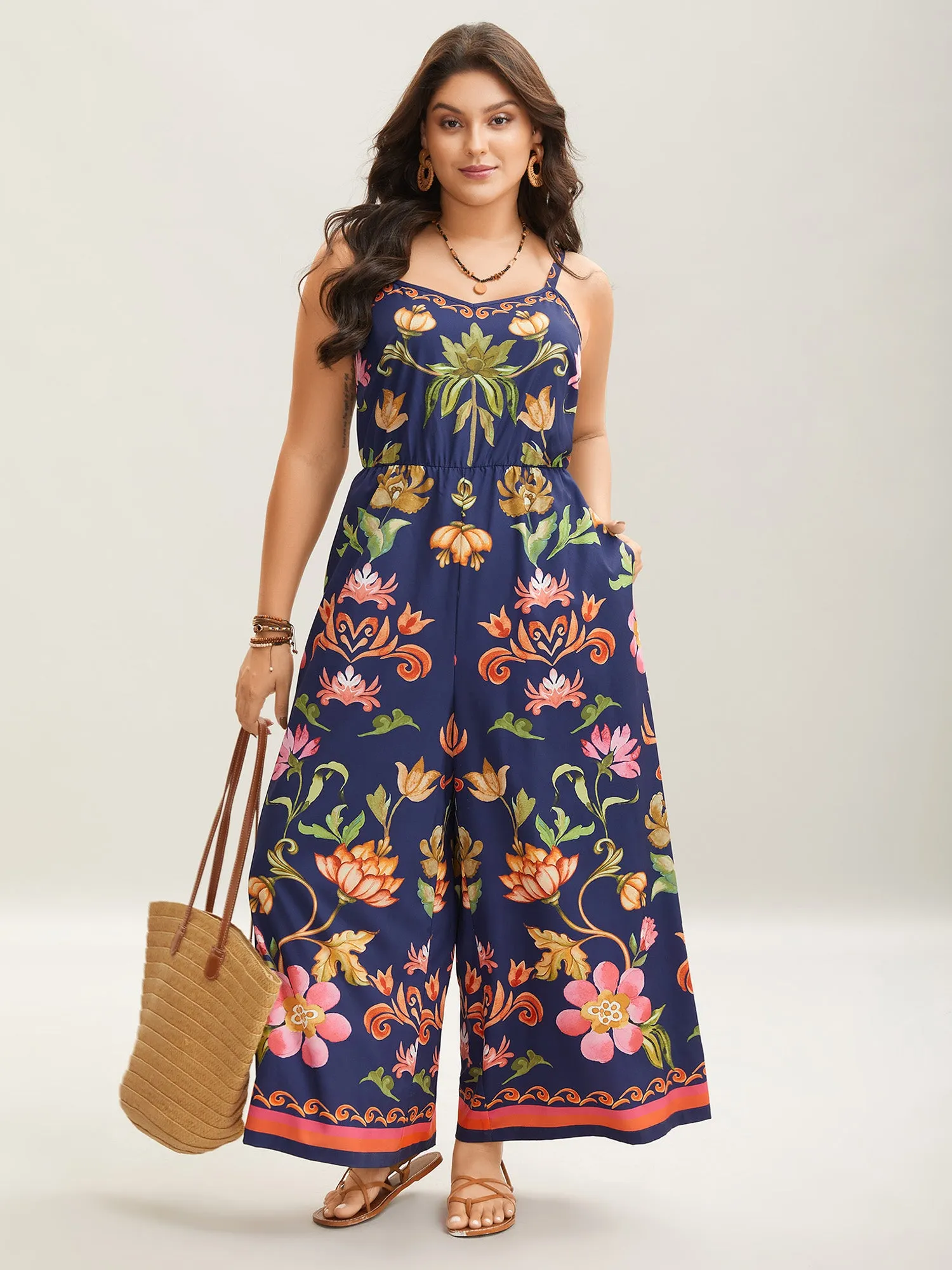 Tropical Flowers Print Pockets Cami Jumpsuit sold by Bloomchic
