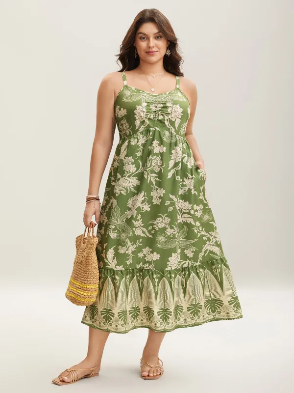 Tropical Print Tied Front Pockets Midi Dress sold by Bloomchic