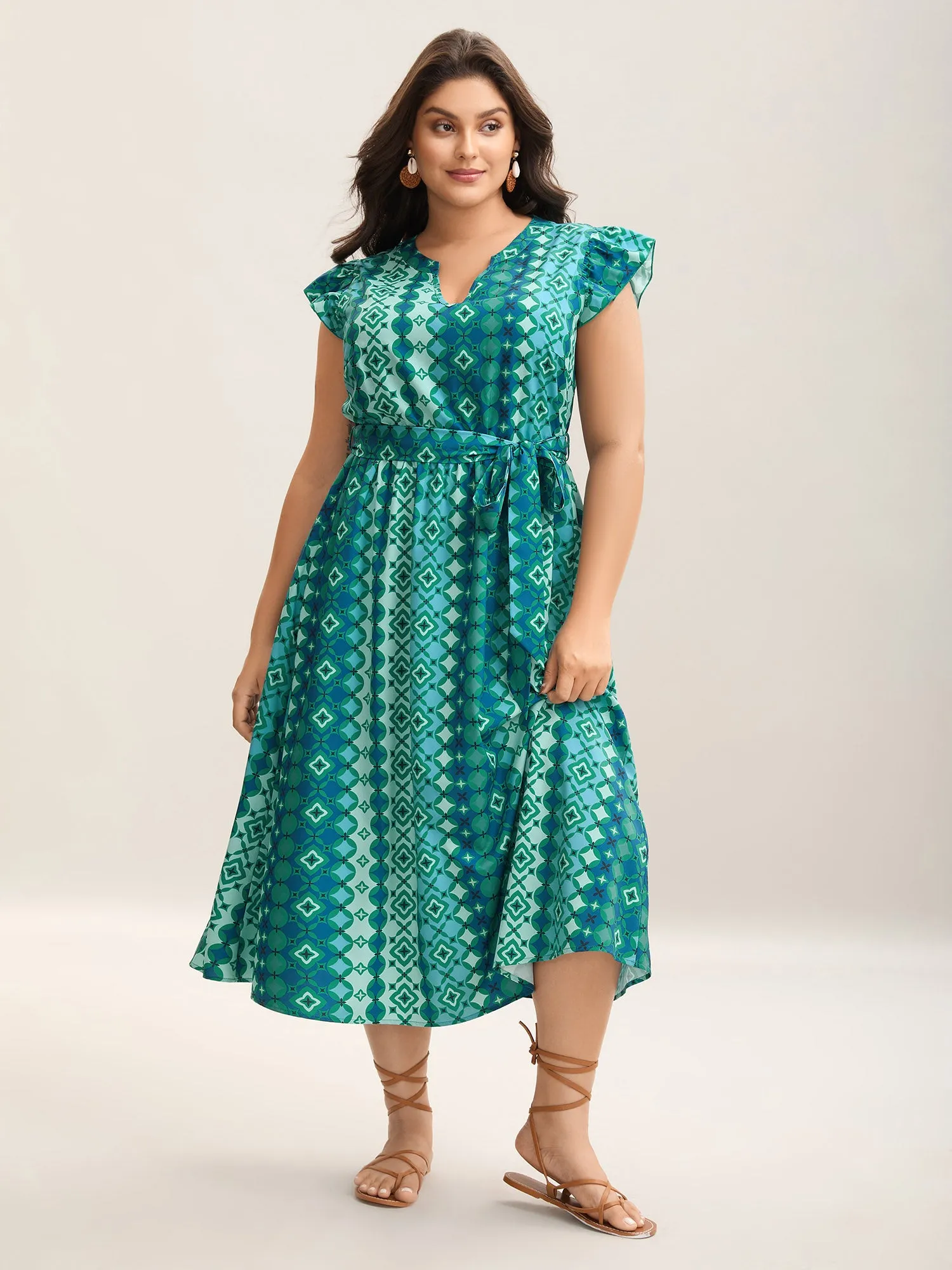Boho Vacation Print Belted Notched Midi Dress sold by Bloomchic product image thumbnail 3