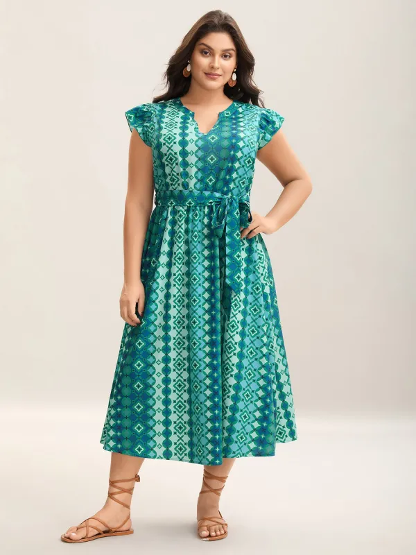 Boho Vacation Print Belted Notched Midi Dress sold by Bloomchic