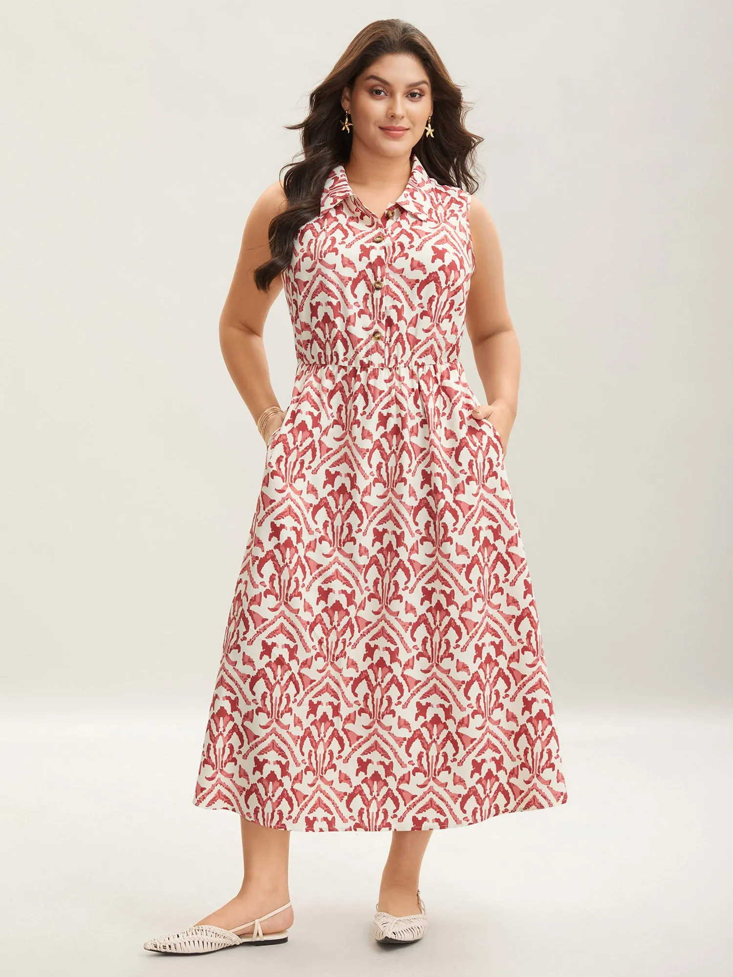 Spring Abstract Print Shirt Collar Midi Dress sold by Bloomchic