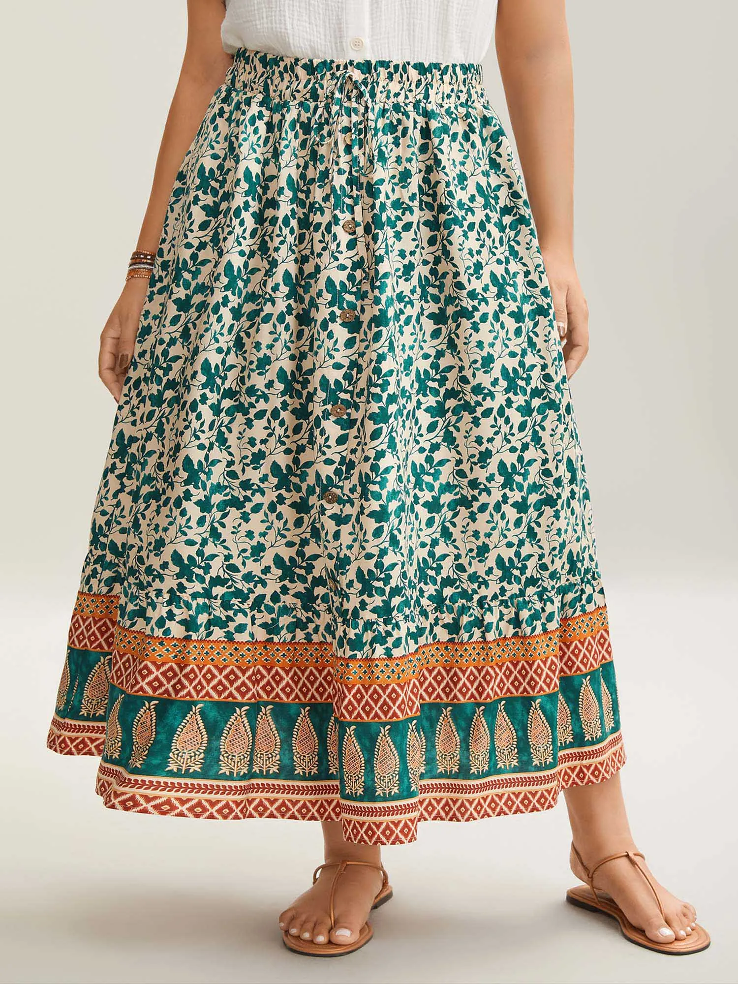 Stretchy Waist Boho Print Tied Midi Skirt sold by Bloomchic