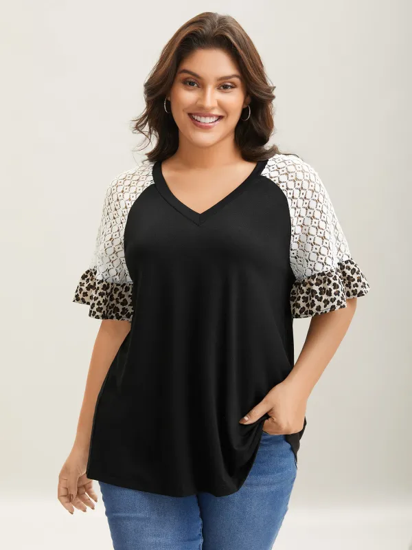 Textured Leopard Print Contrast Plain T-Shirt sold by Bloomchic