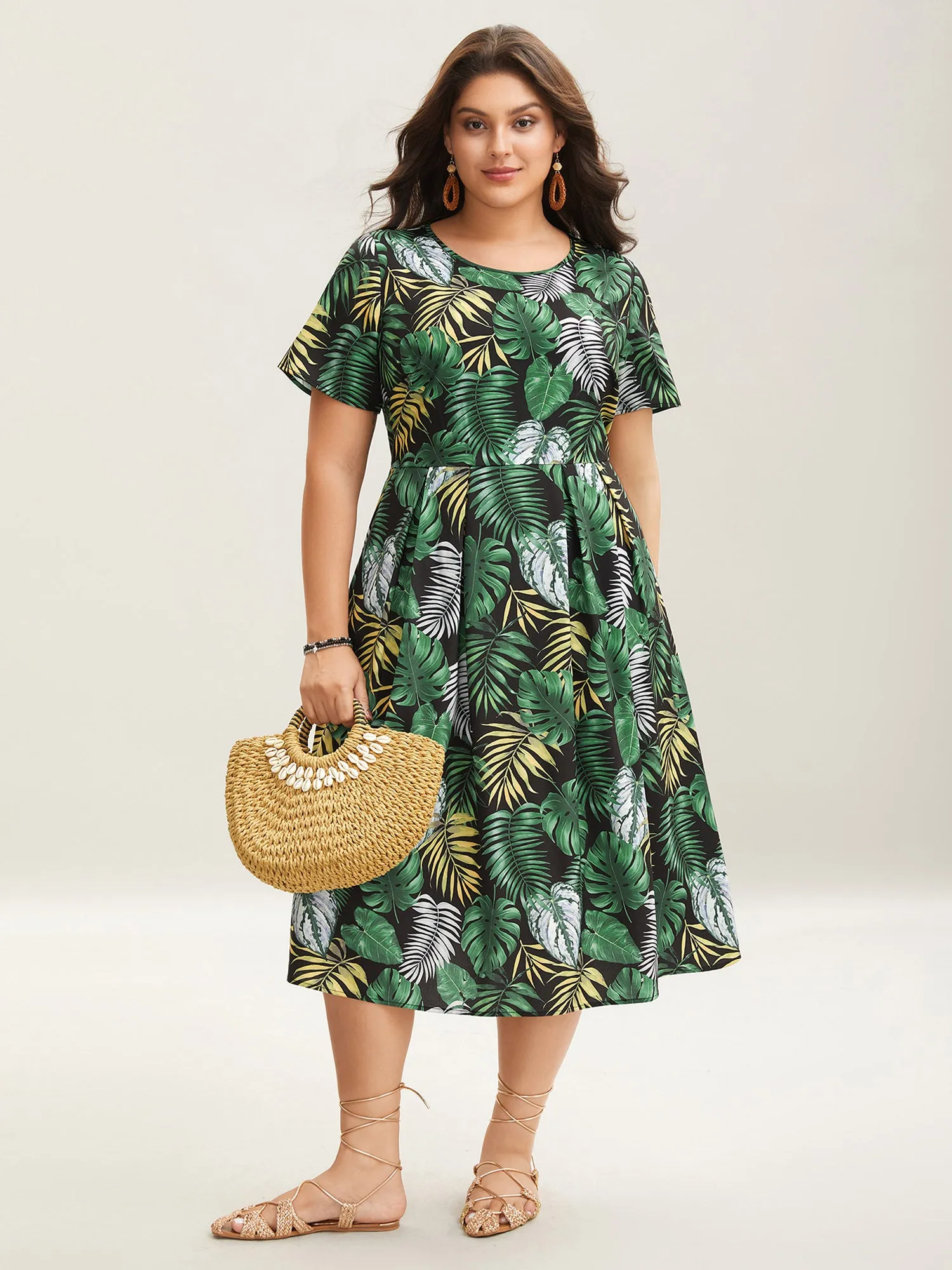 Tropical Escape Print Pockets Tiered Midi Dress sold by Bloomchic