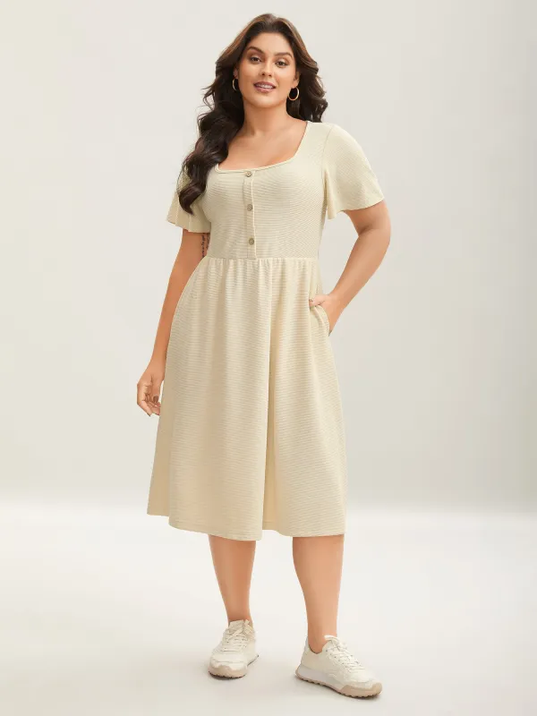 Waffle Button Detail Round Neck Midi Dress sold by Bloomchic