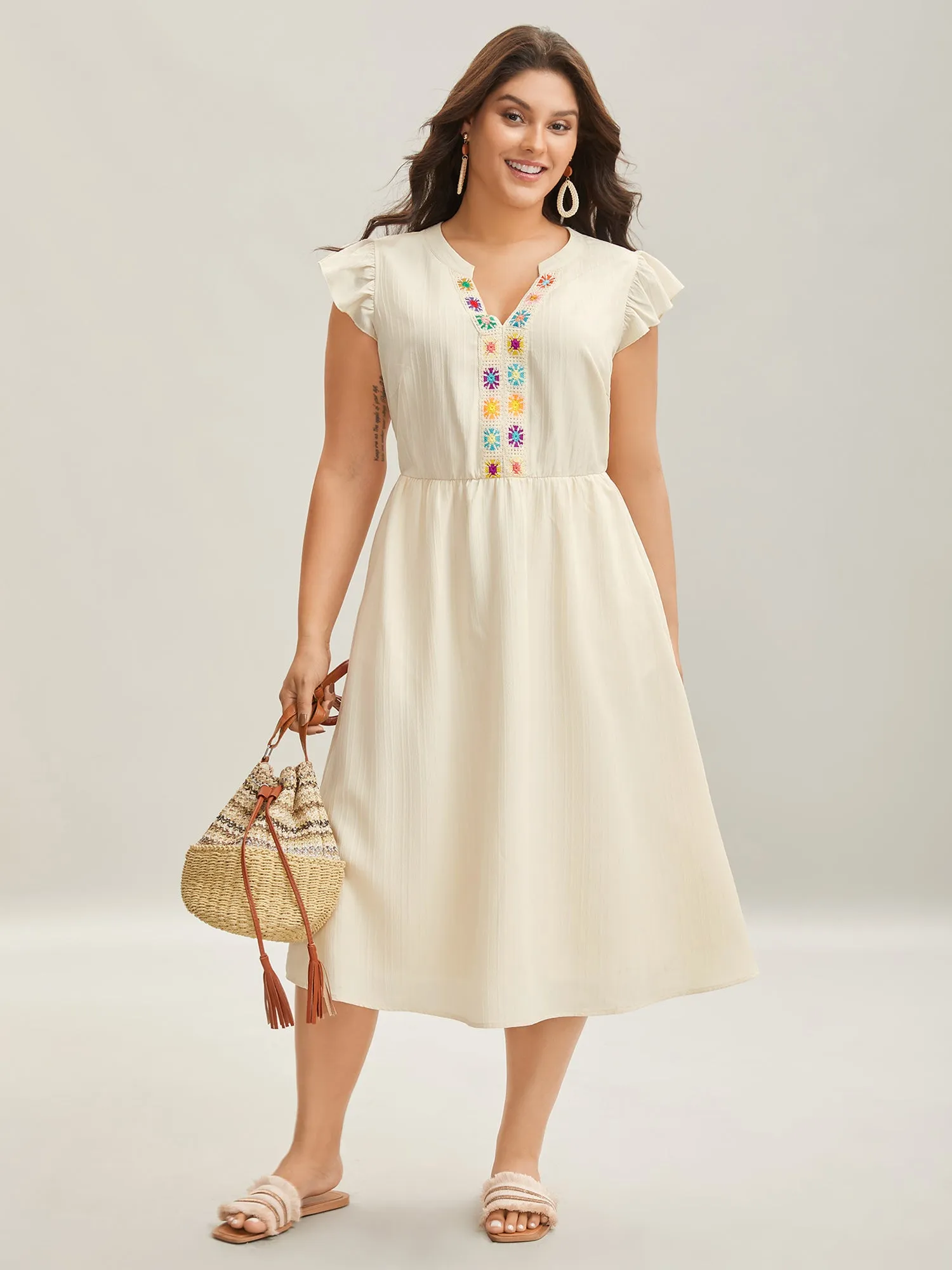 Notched Collar Spliced Pockets Midi Dress sold by Bloomchic