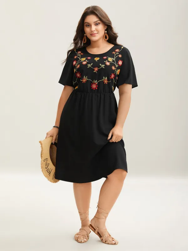 Floral Embroidered Waist-Cinched Midi Dress sold by Bloomchic