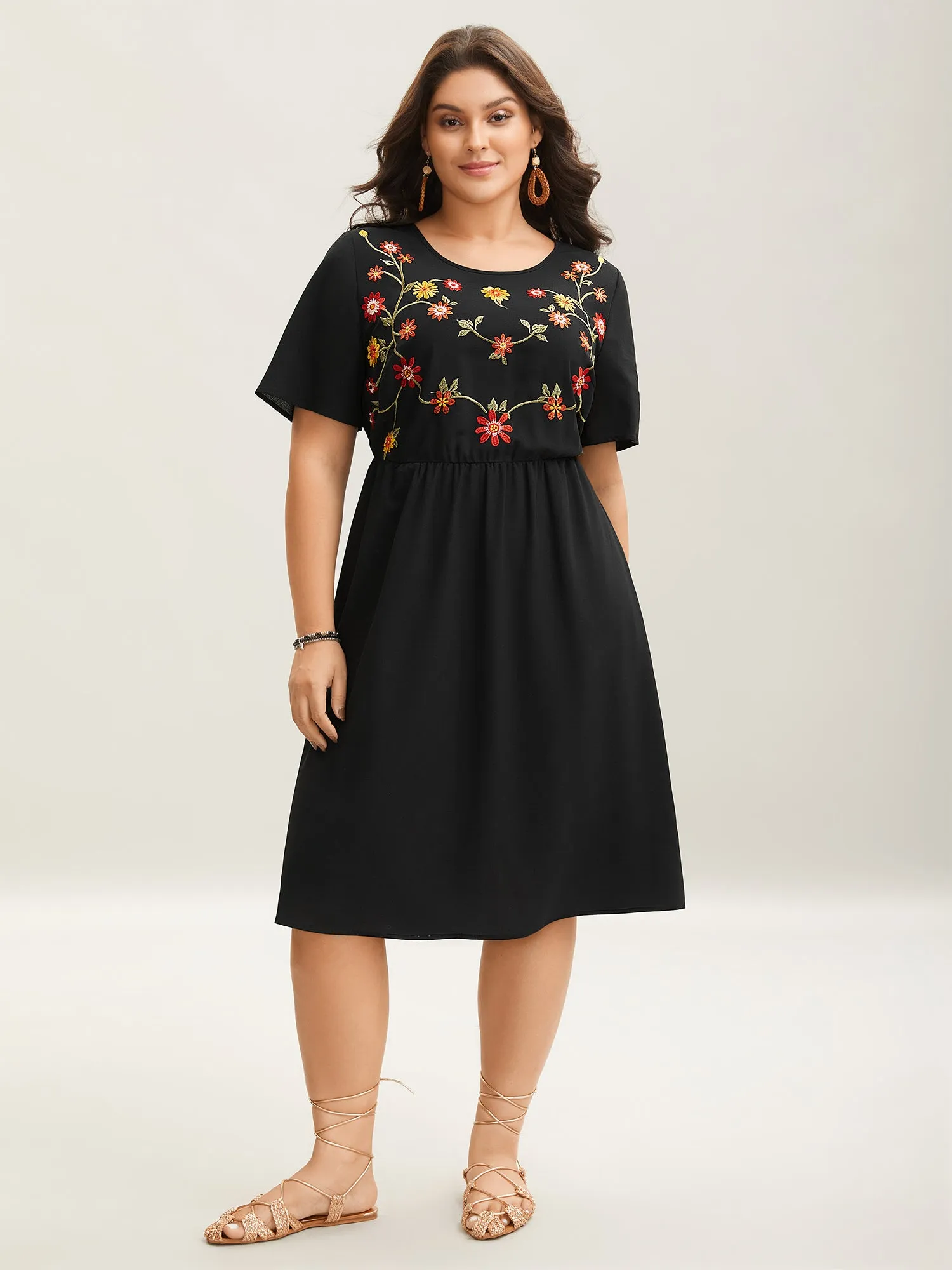 Floral Embroidered Waist-Cinched Midi Dress sold by Bloomchic product image thumbnail 3
