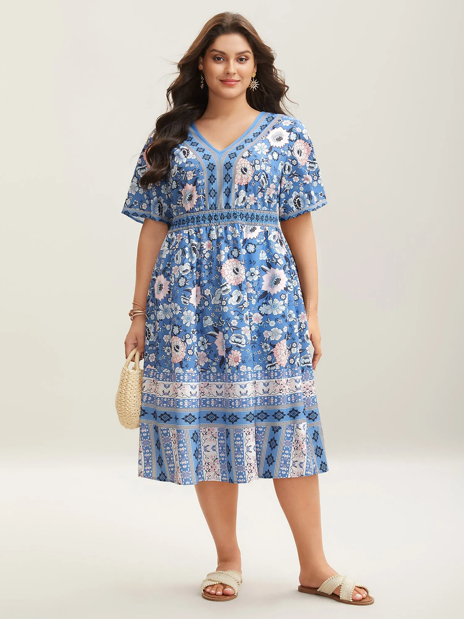Boho Print Pockets V-Neck Midi Dress sold by Bloomchic