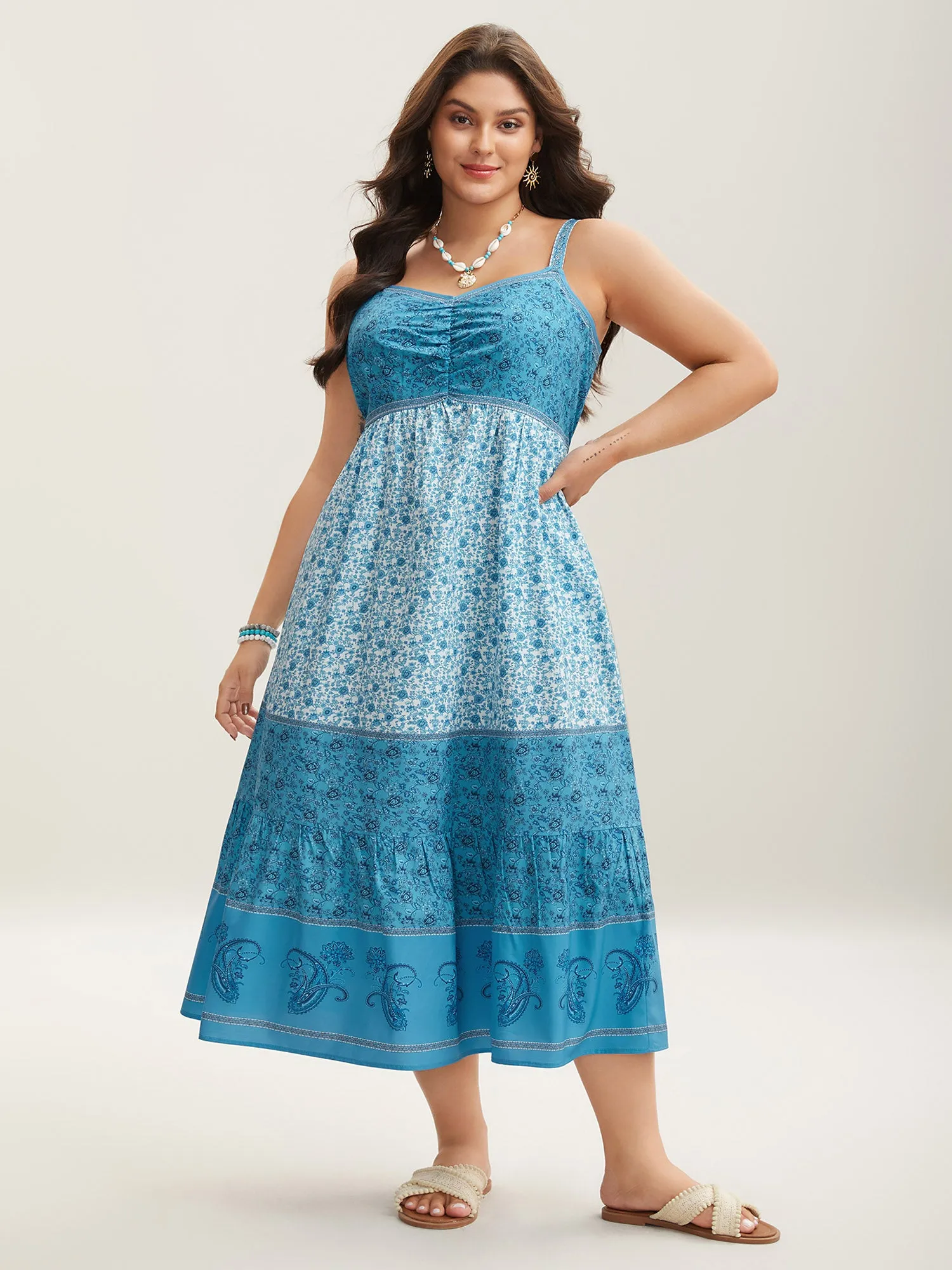 Tropical Blues Cinched Cami Midi Dress sold by Bloomchic