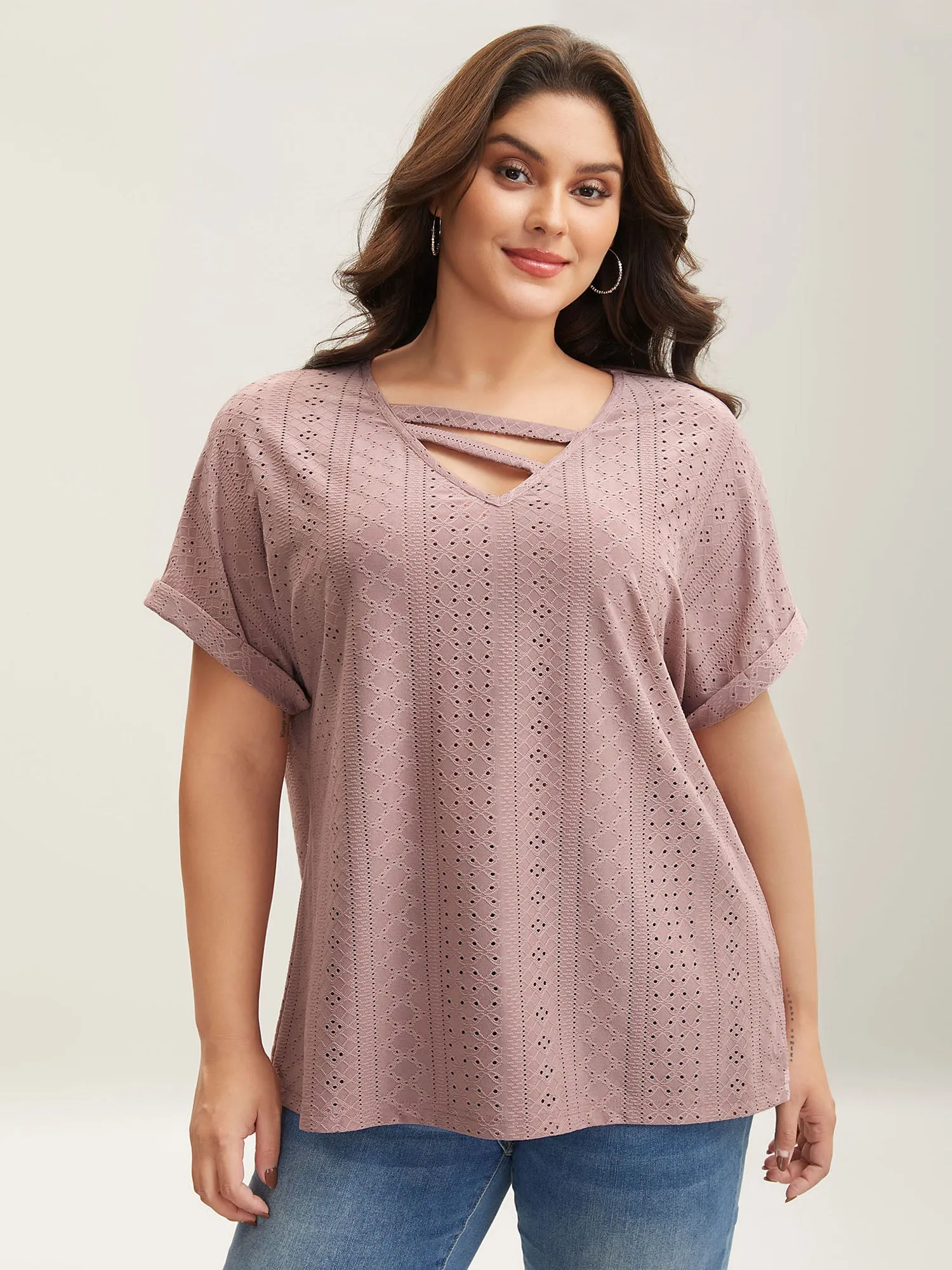 Neck Cut-Out Textured Plain Knit Top sold by Bloomchic