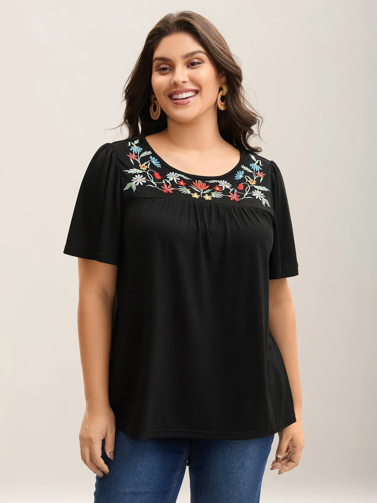 Embroidered Neckline Pleated Knit Top sold by Bloomchic