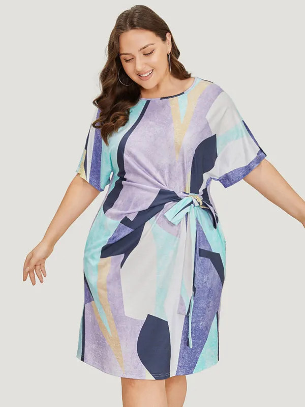 Geometric Print Pocket Bowknot Contrast Dress sold by Bloomchic