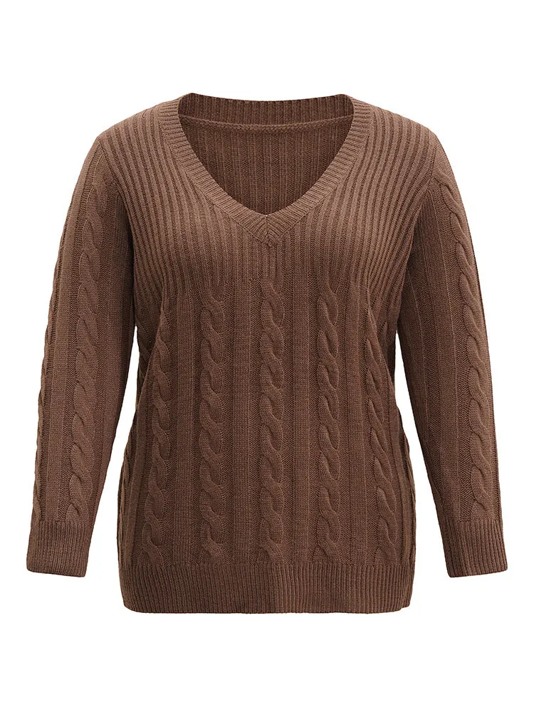 Cable Knit Patchwork Plisse V Neck Pullover sold by Bloomchic product image thumbnail 5