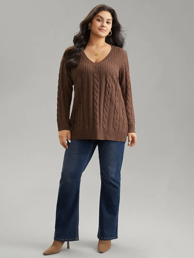 Cable Knit Patchwork Plisse V Neck Pullover sold by Bloomchic product image thumbnail 3