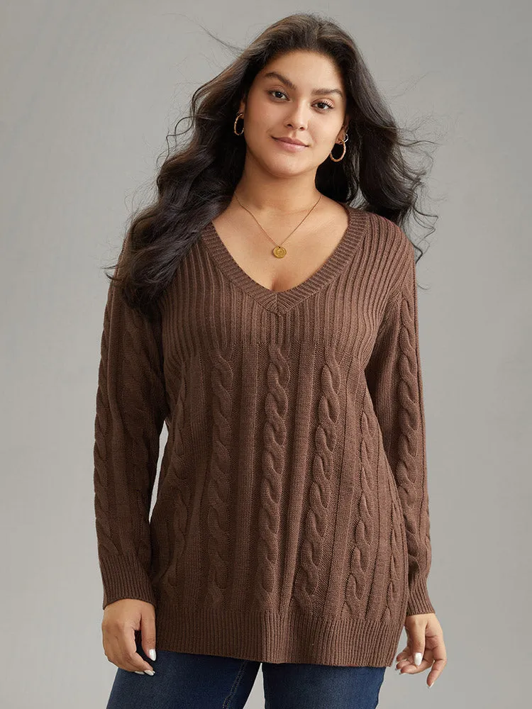 Cable Knit Patchwork Plisse V Neck Pullover sold by Bloomchic