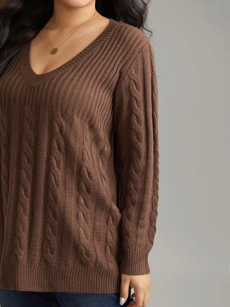 Cable Knit Patchwork Plisse V Neck Pullover sold by Bloomchic product image thumbnail 4