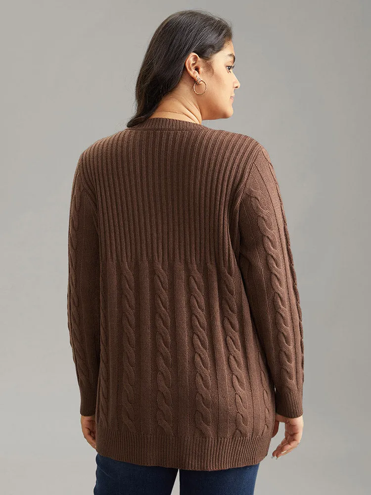 Cable Knit Patchwork Plisse V Neck Pullover sold by Bloomchic product image thumbnail 2