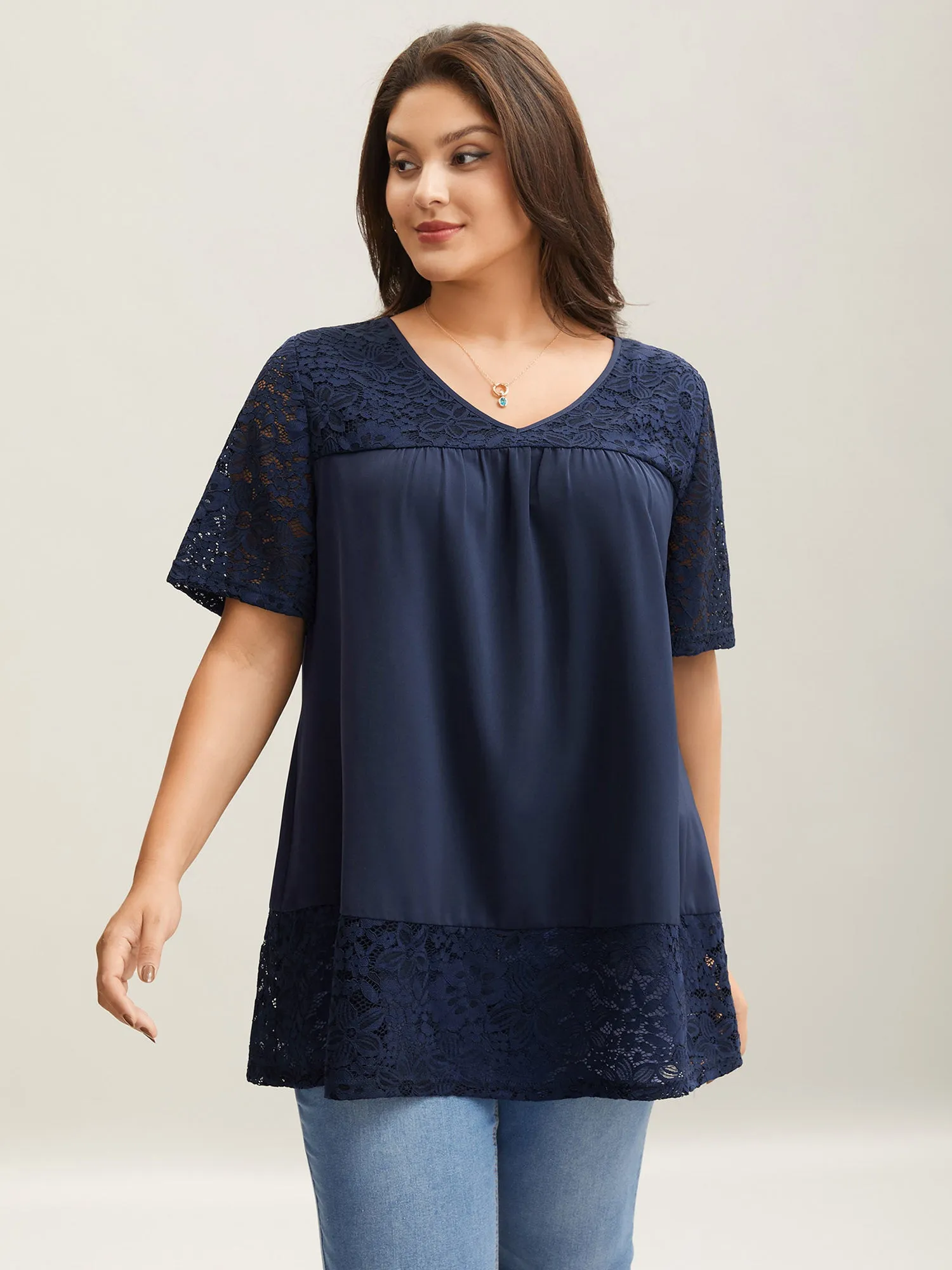 Stretchy Mixed Material Spliced Lace Jersey Top sold by Bloomchic