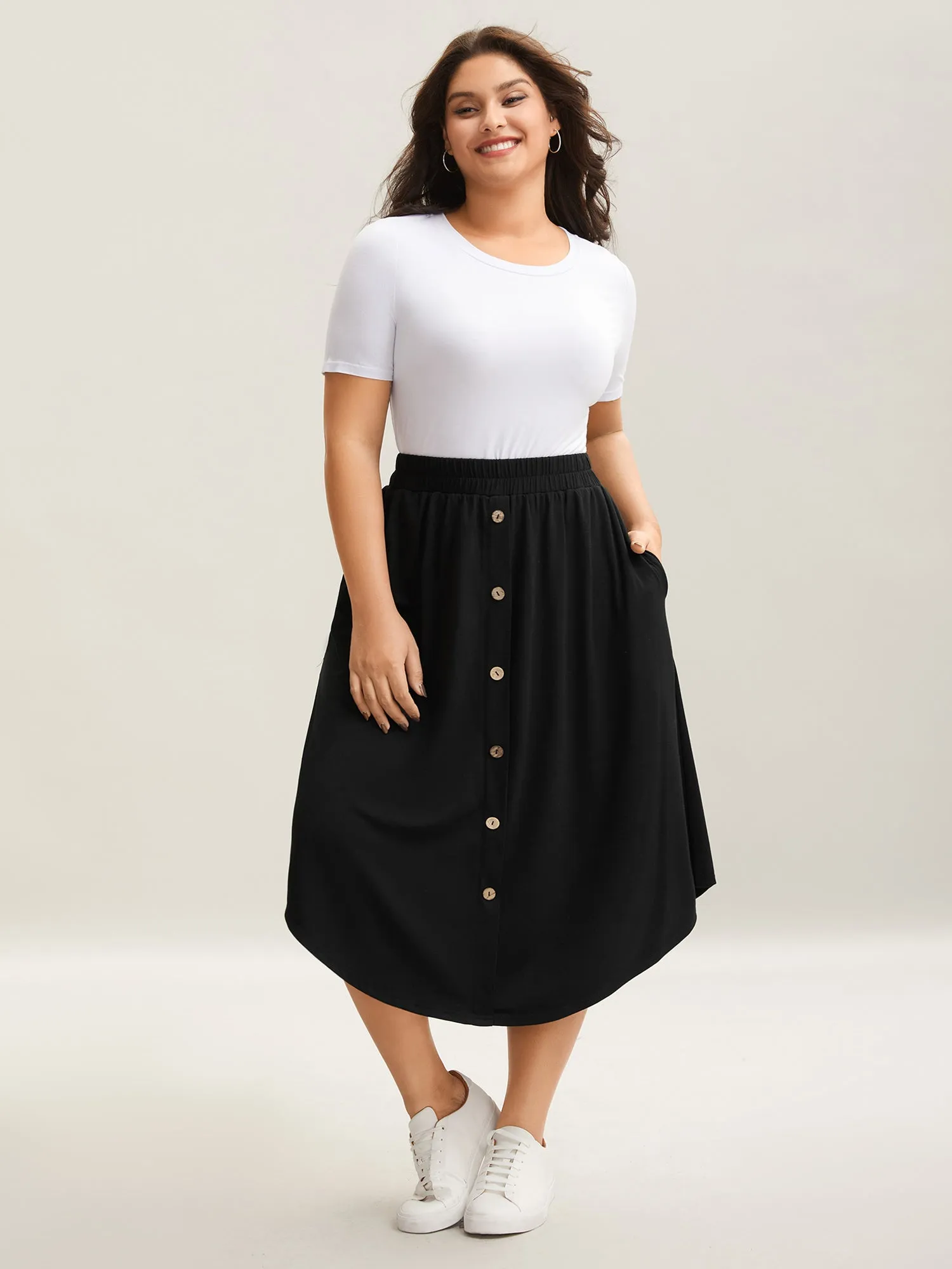Button Detail Hi-Low Hem Midi Skirt sold by Bloomchic