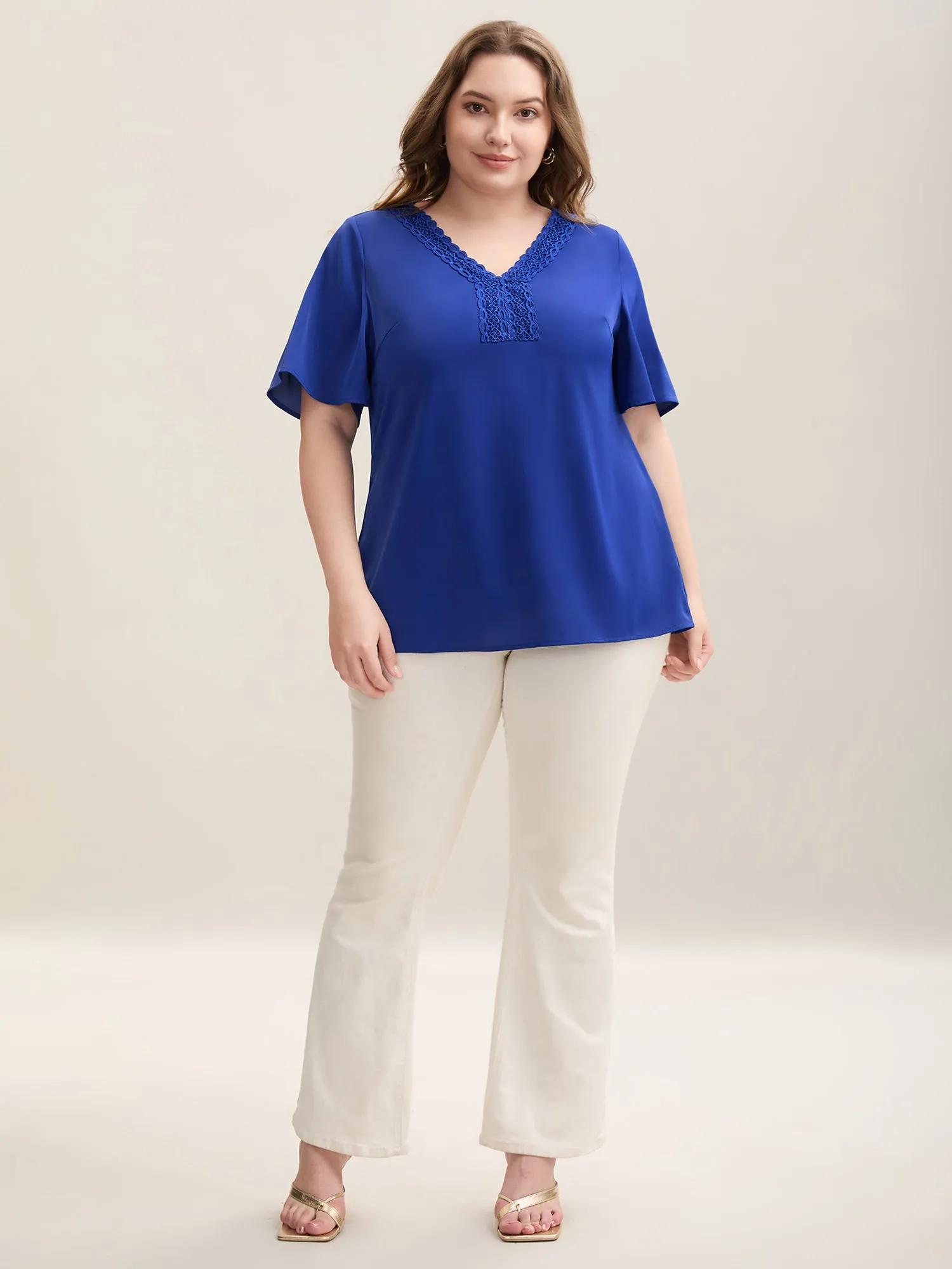 Lace V-Neck Lotus Leaf Sleeve Plain Blouse sold by Bloomchic product image thumbnail 3