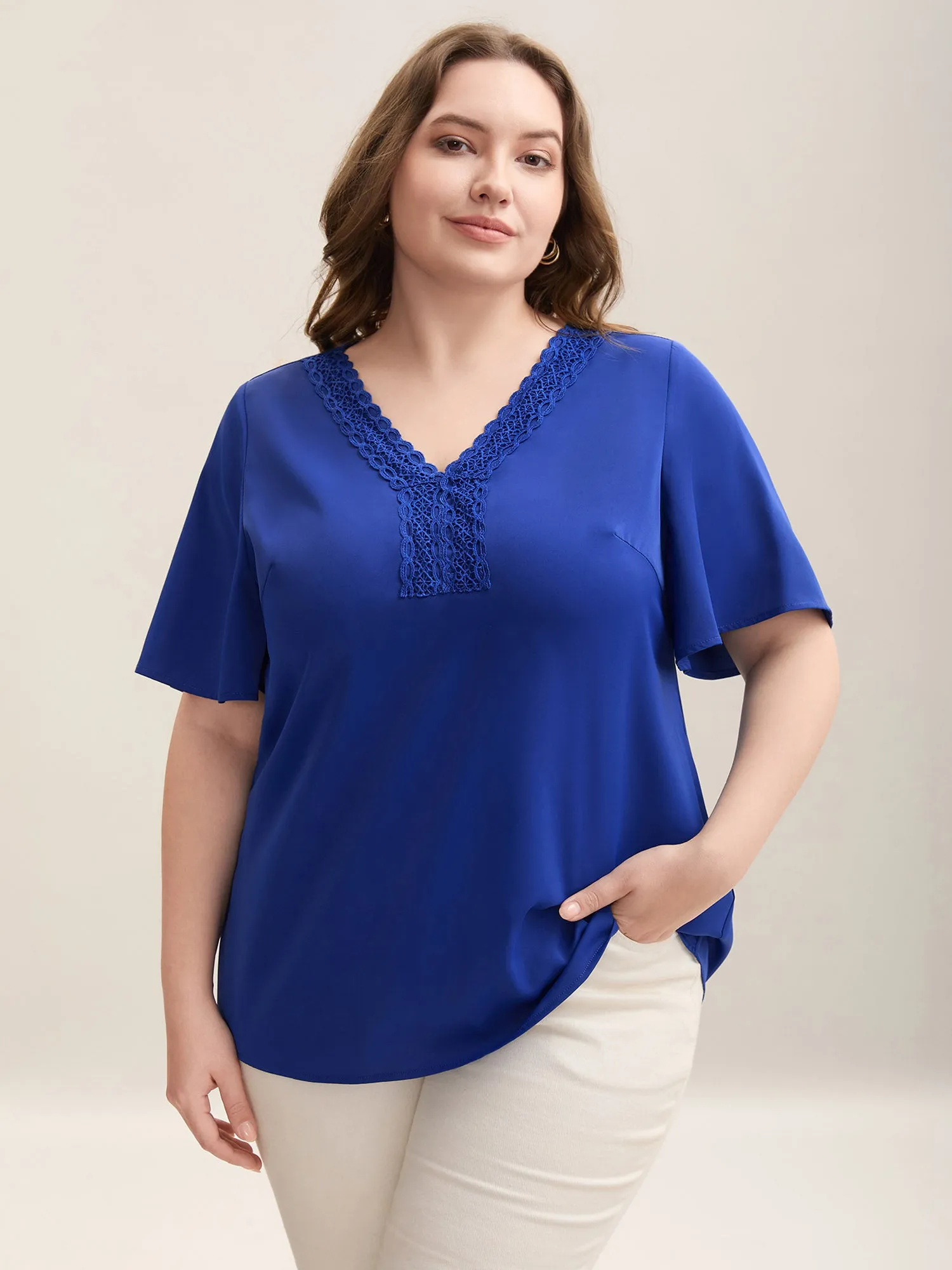 Lace V-Neck Lotus Leaf Sleeve Plain Blouse sold by Bloomchic