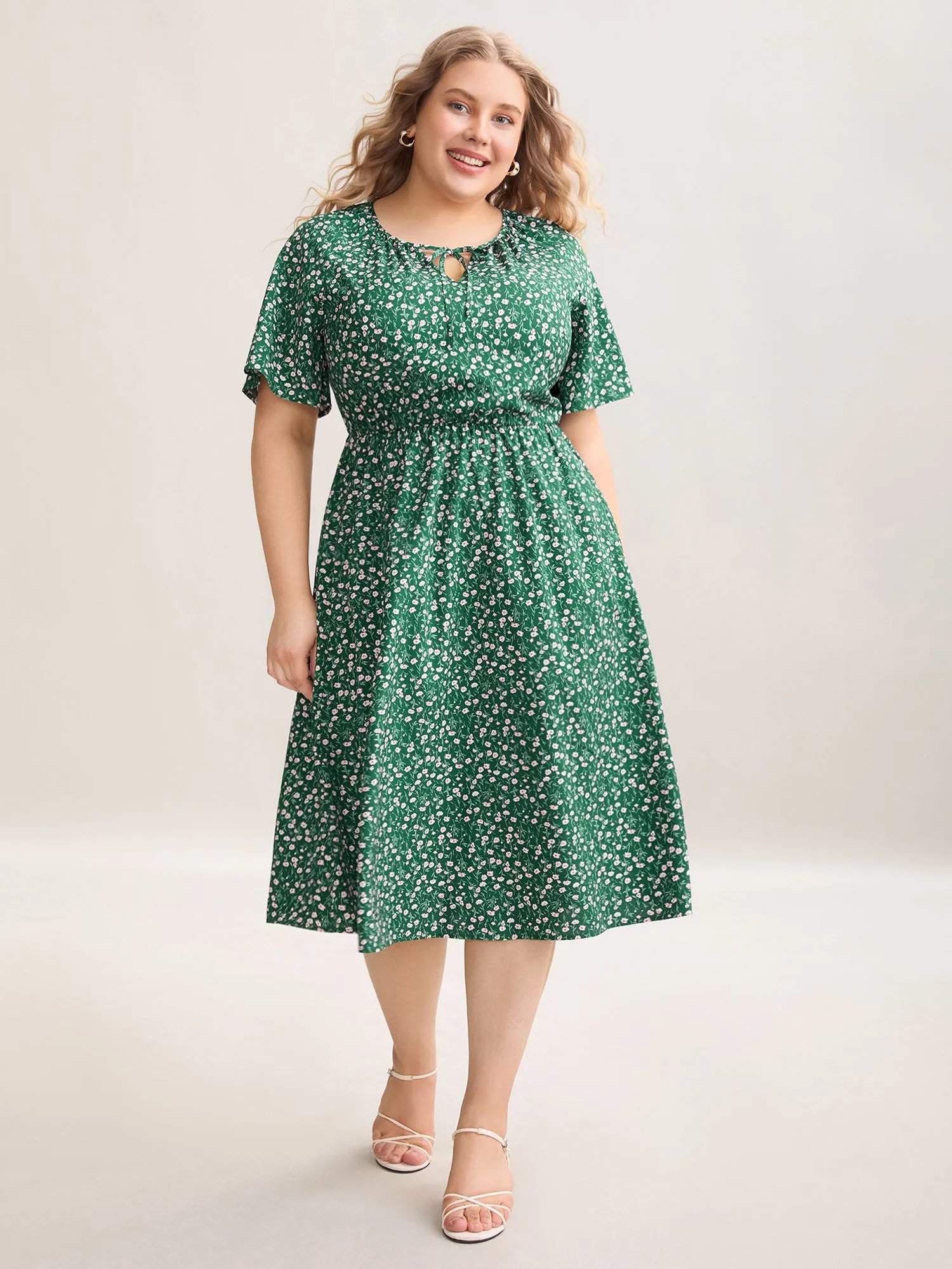 Floral Print Split Neck Pockets Midi Dress sold by Bloomchic