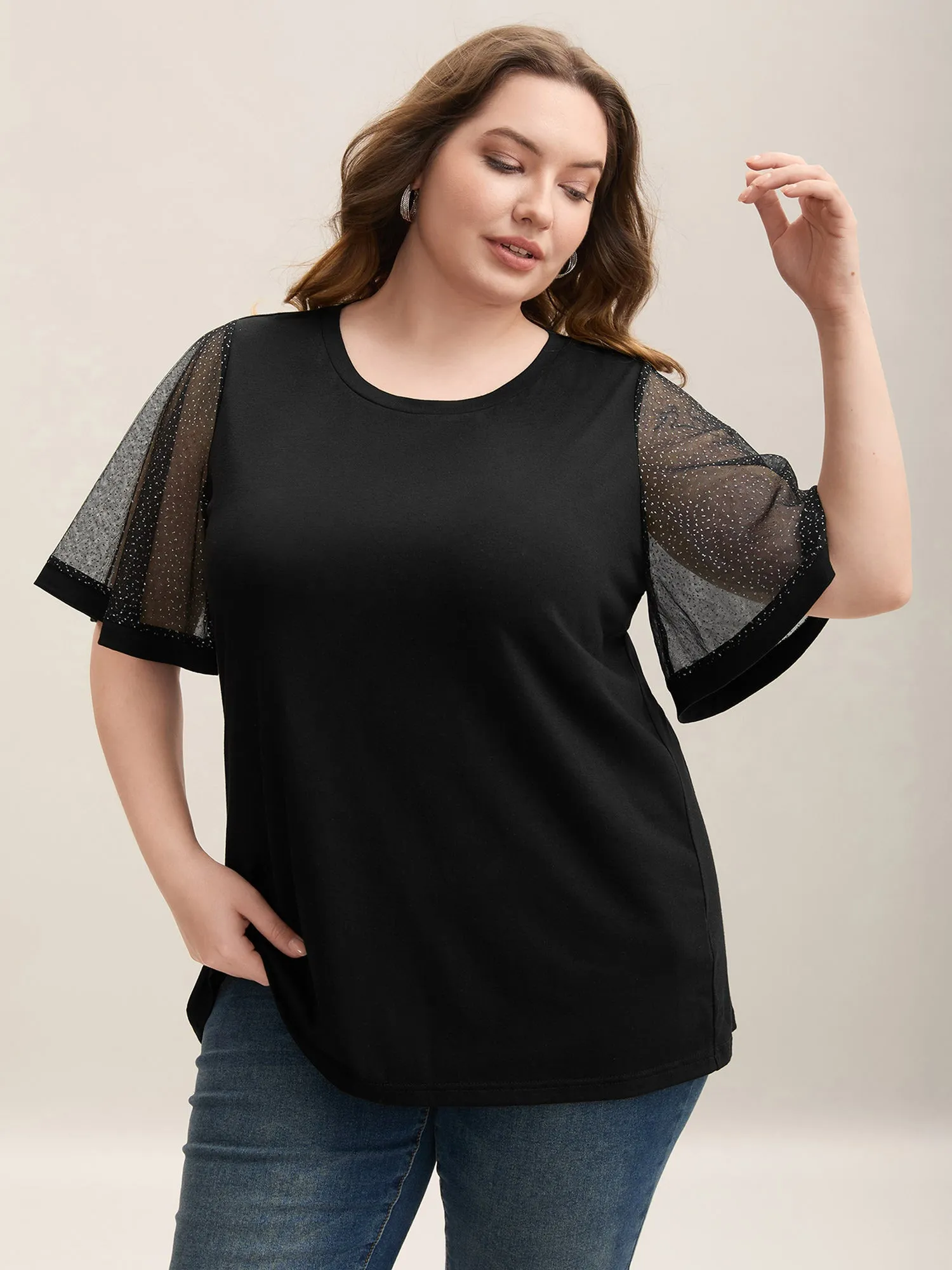 Sheer Luxe Mesh Sleeve Round Neck T-Shirt sold by Bloomchic