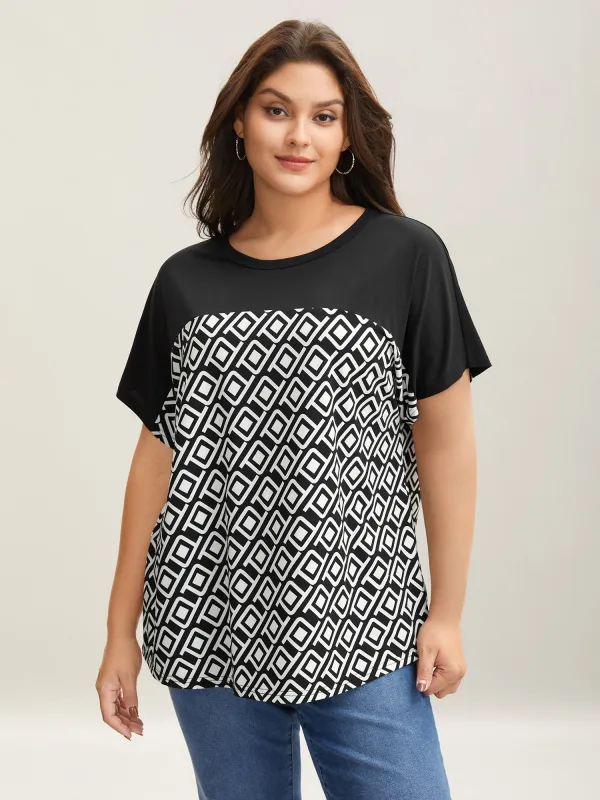 Geometric Print Spliced Crew Neck T-Shirt sold by Bloomchic