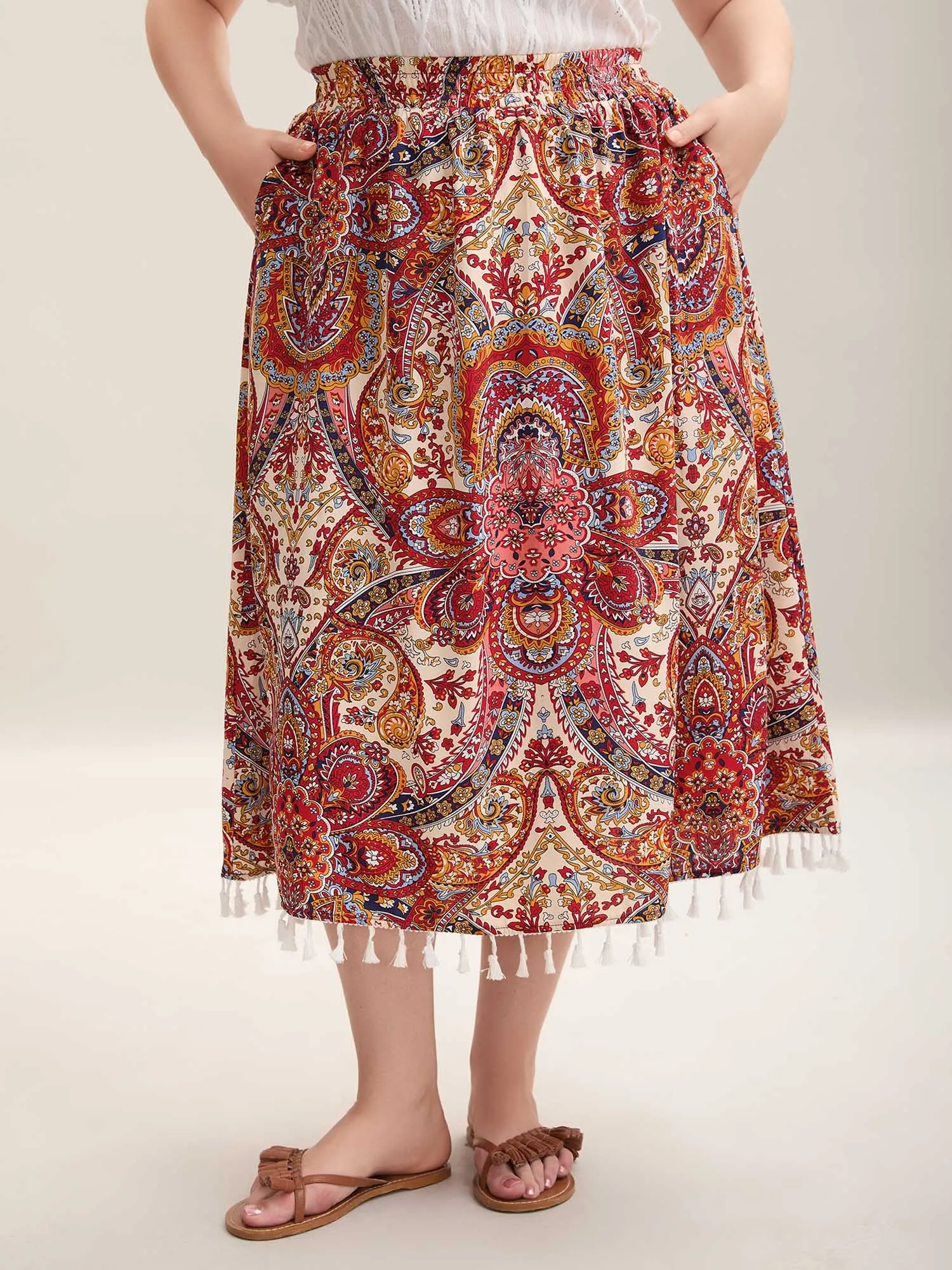 Paisley Print Tassels Spliced Midi Skirt sold by Bloomchic