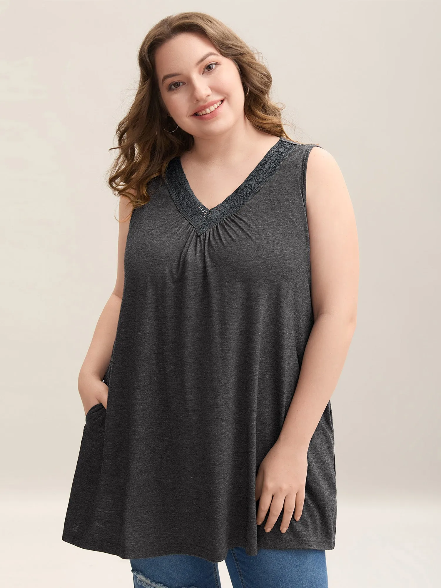 Lace Spliced Pleated Sleeveless Solid Top sold by Bloomchic