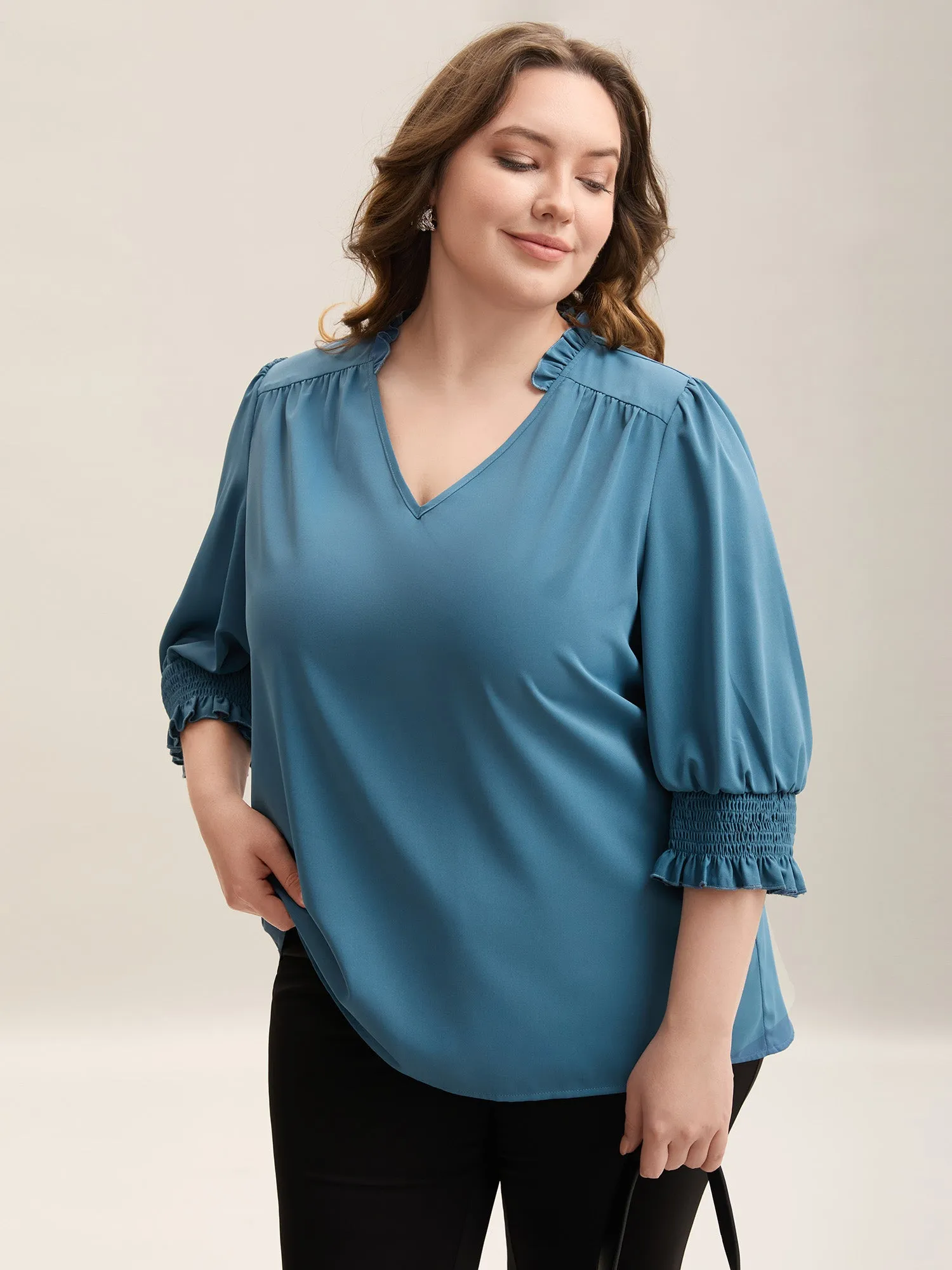 Shirred Sleeve Collared Plain Blouse sold by Bloomchic