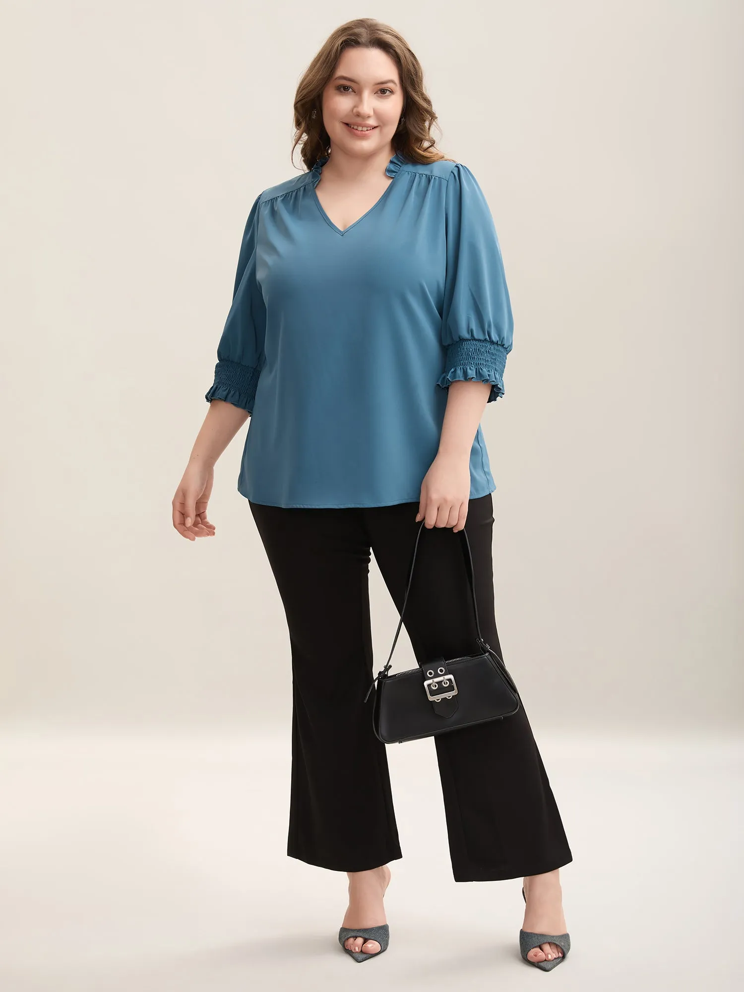 Shirred Sleeve Collared Plain Blouse sold by Bloomchic product image thumbnail 3
