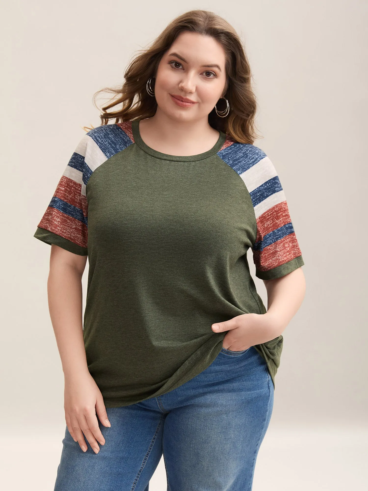Striped Raglan Sleeve Plain T-Shirt sold by Bloomchic