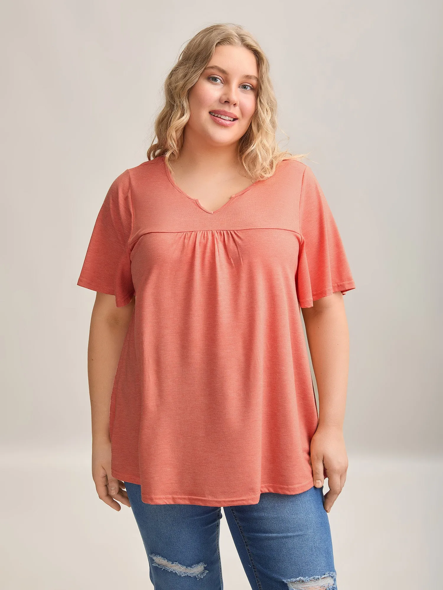 Heathered Split Neckline Plain T-Shirt sold by Bloomchic