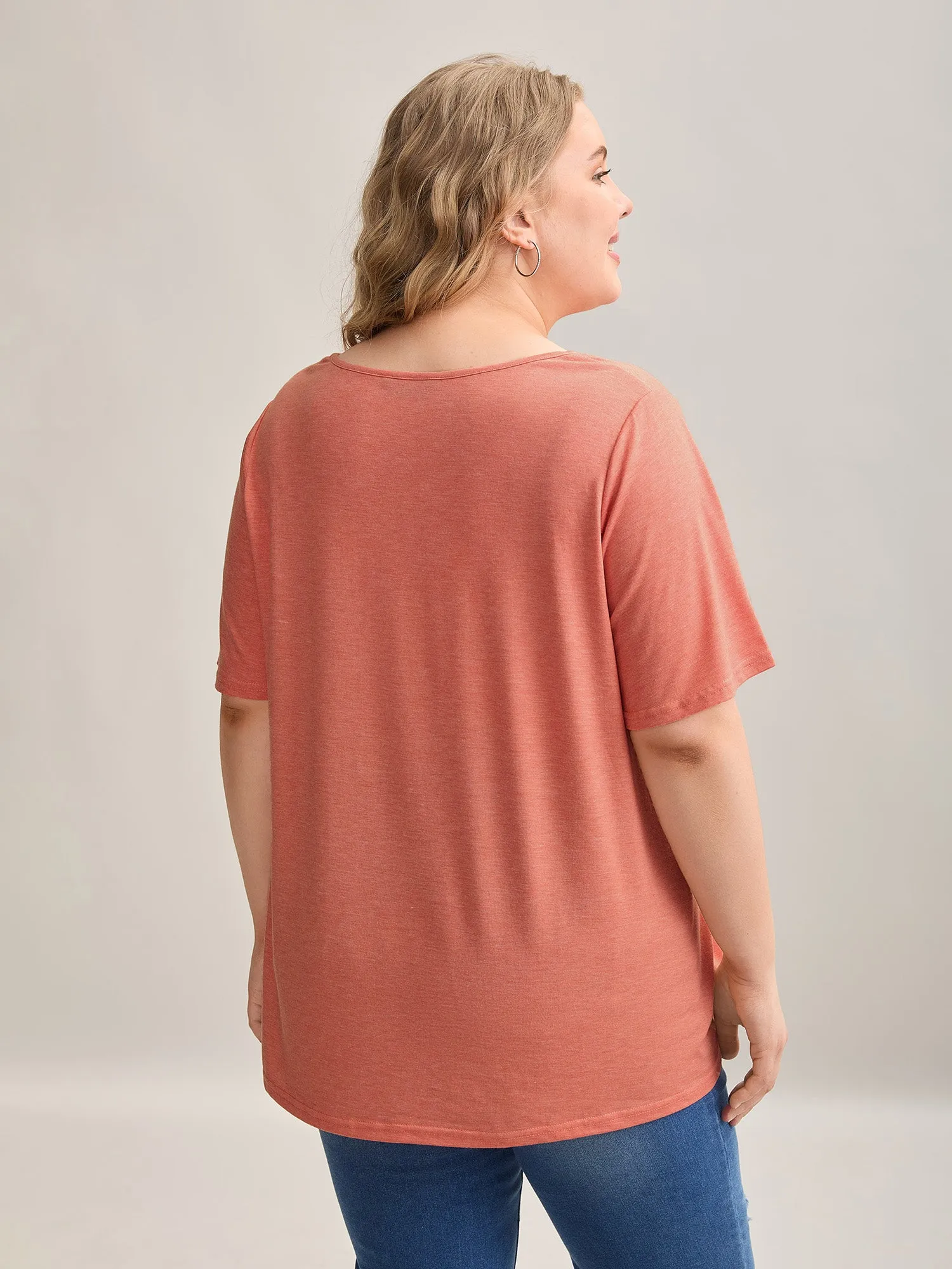 Heathered Split Neckline Plain T-Shirt sold by Bloomchic product image thumbnail 4