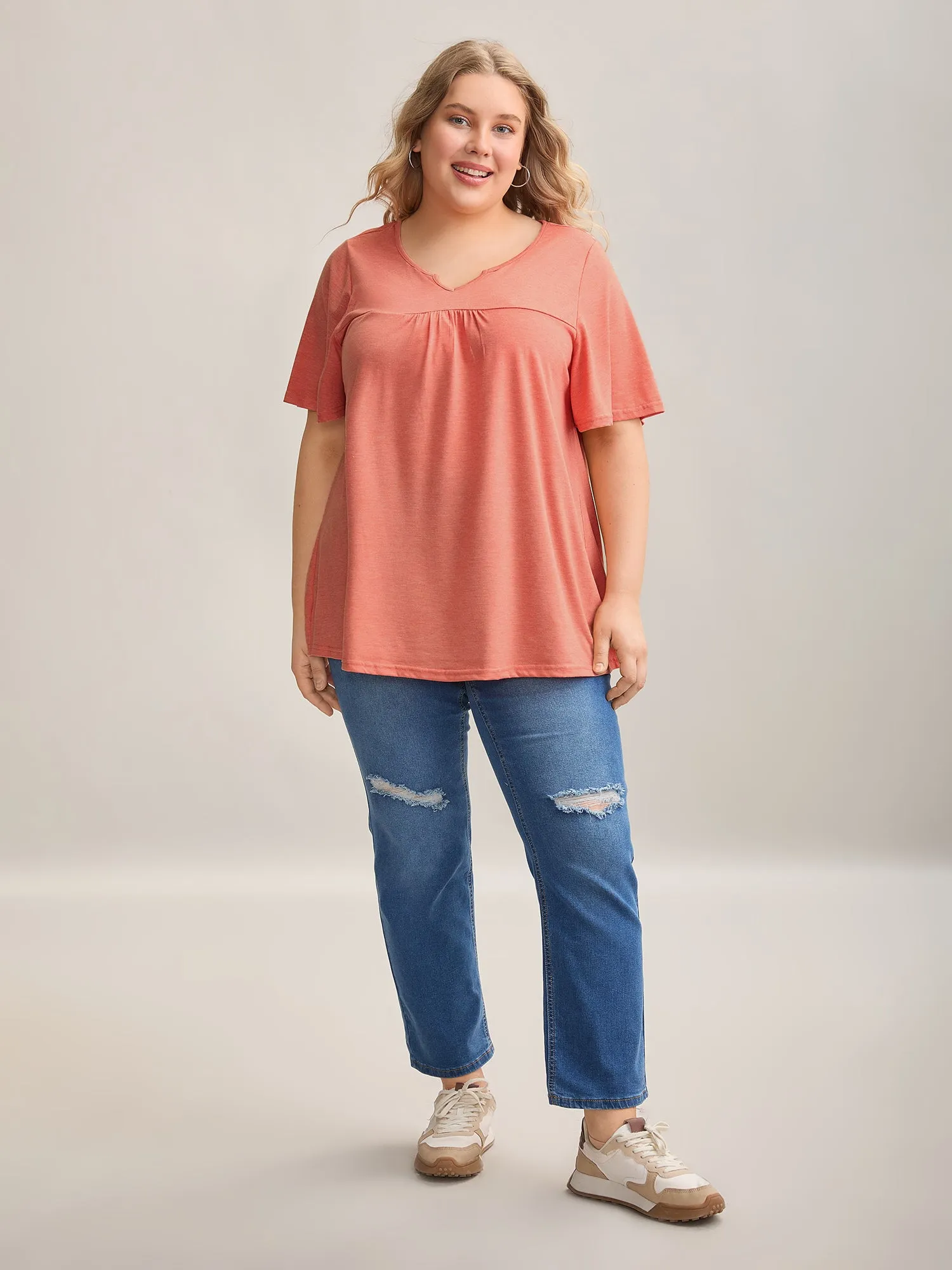 Heathered Split Neckline Plain T-Shirt sold by Bloomchic product image thumbnail 3