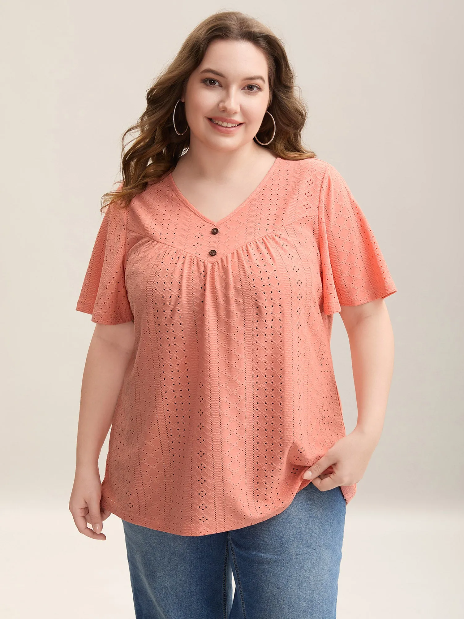 Textured Button Detail Pleated T-Shirt sold by Bloomchic